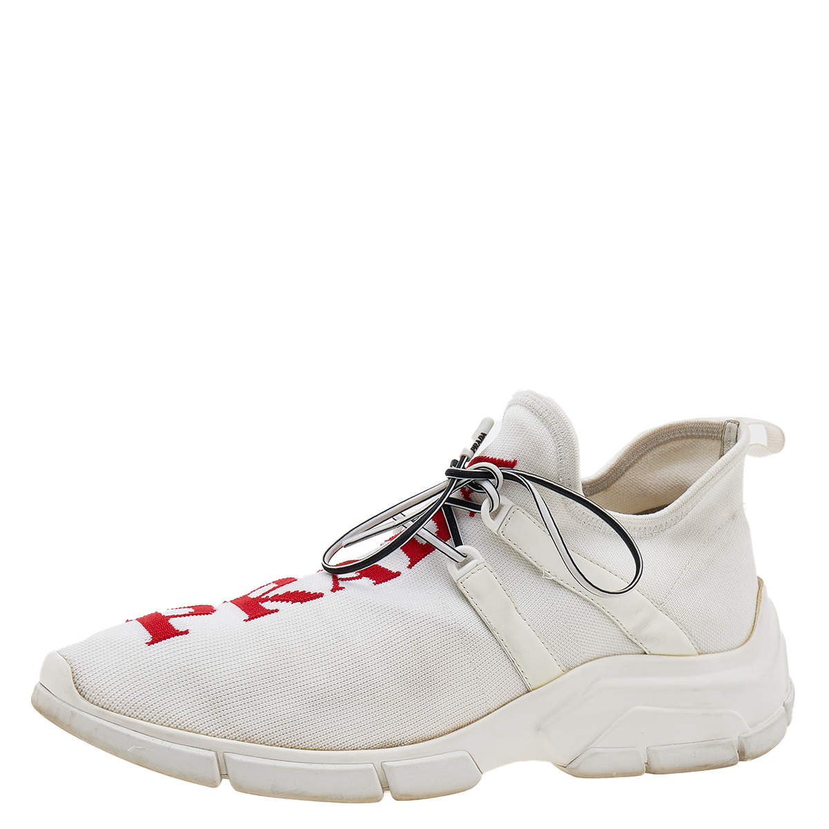 Pre Owned حذاء رياضي برادا قماش تريكو أبيض بشعار الماركة عنق منخفض مقاس 41