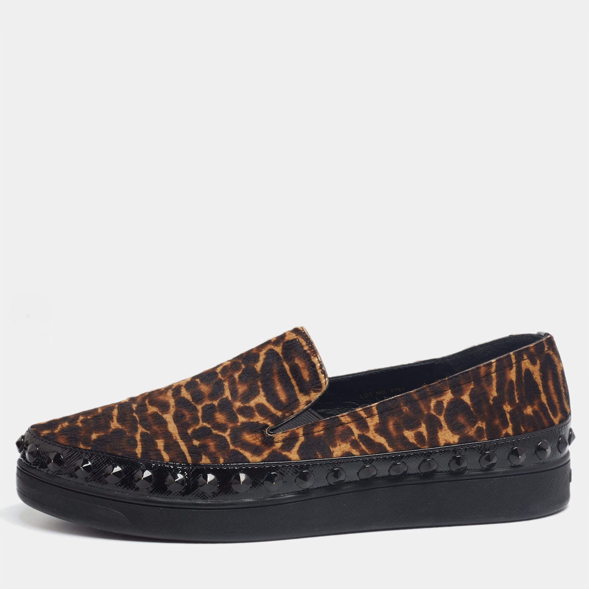 Pre Owned Prada Brown/Black Leopard Print Calf Hair And Patent Leather Embellished Slip On Sneaker Size 39.5