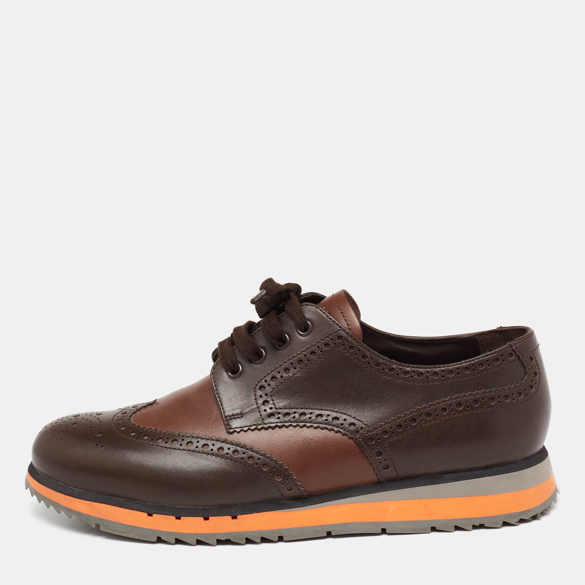 Prada Brown Brogue Leather Wingtip Lace Up Derby Size 43.5