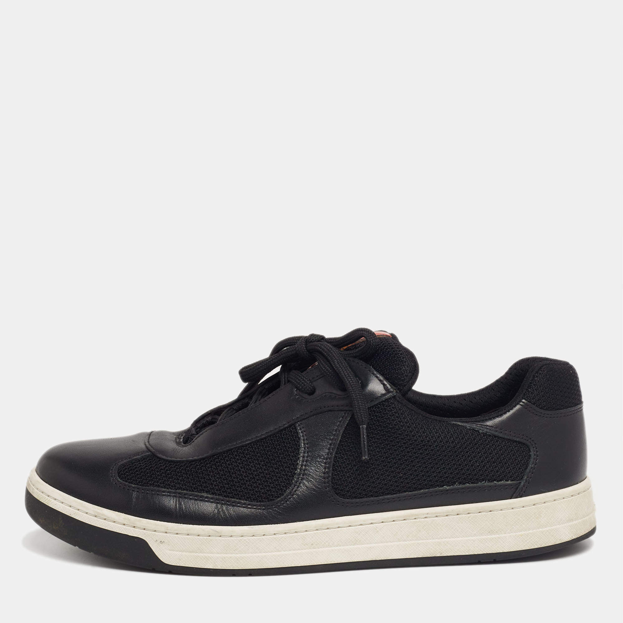 Prada Black Leather And Fabric Low Top Sneakers Size 41