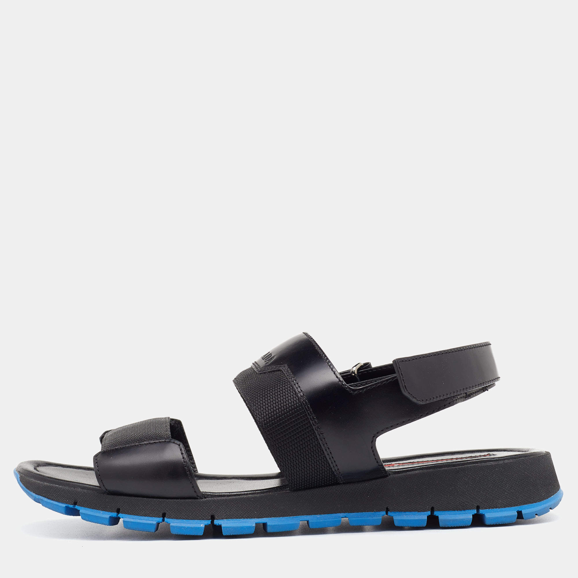 Prada Sport Black Leather And Fabric Flat Sandals Size 41.5