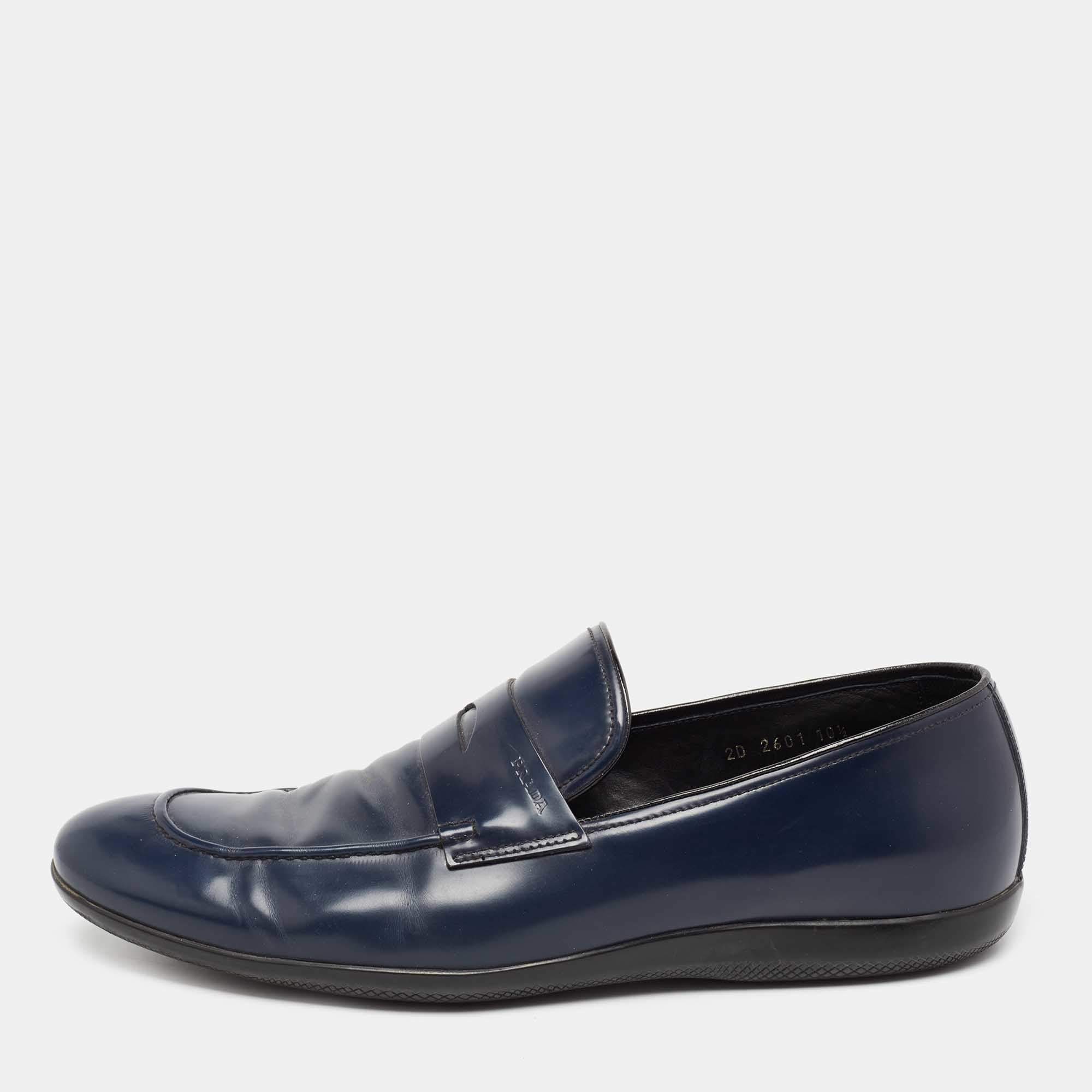 مملوكة مسبقًا Prada Navy Blue Leather Penny Slip On Loafers Size 44.5