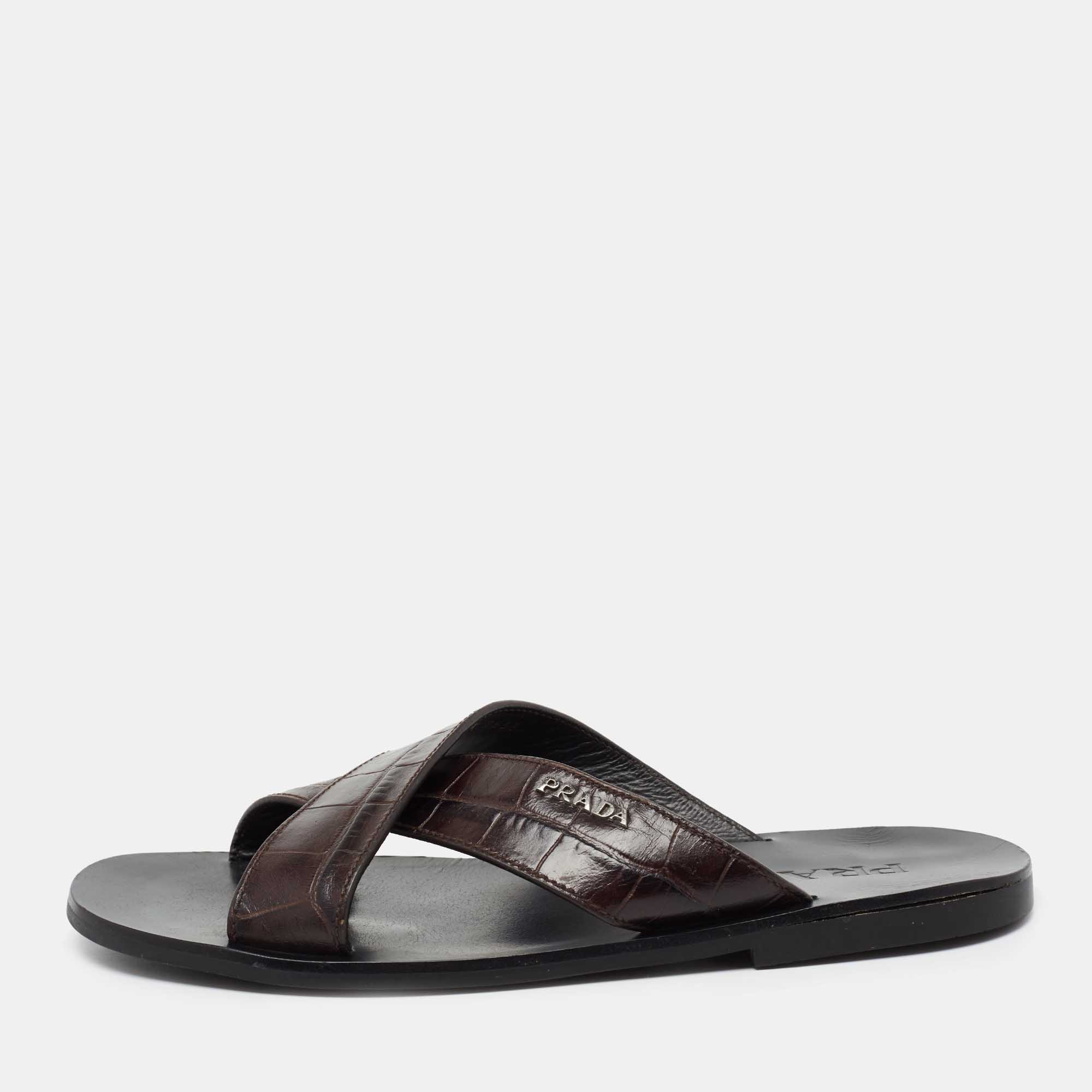 Prada Brown Croc Embossed Leather Crisscross Flat Sandals Size 40