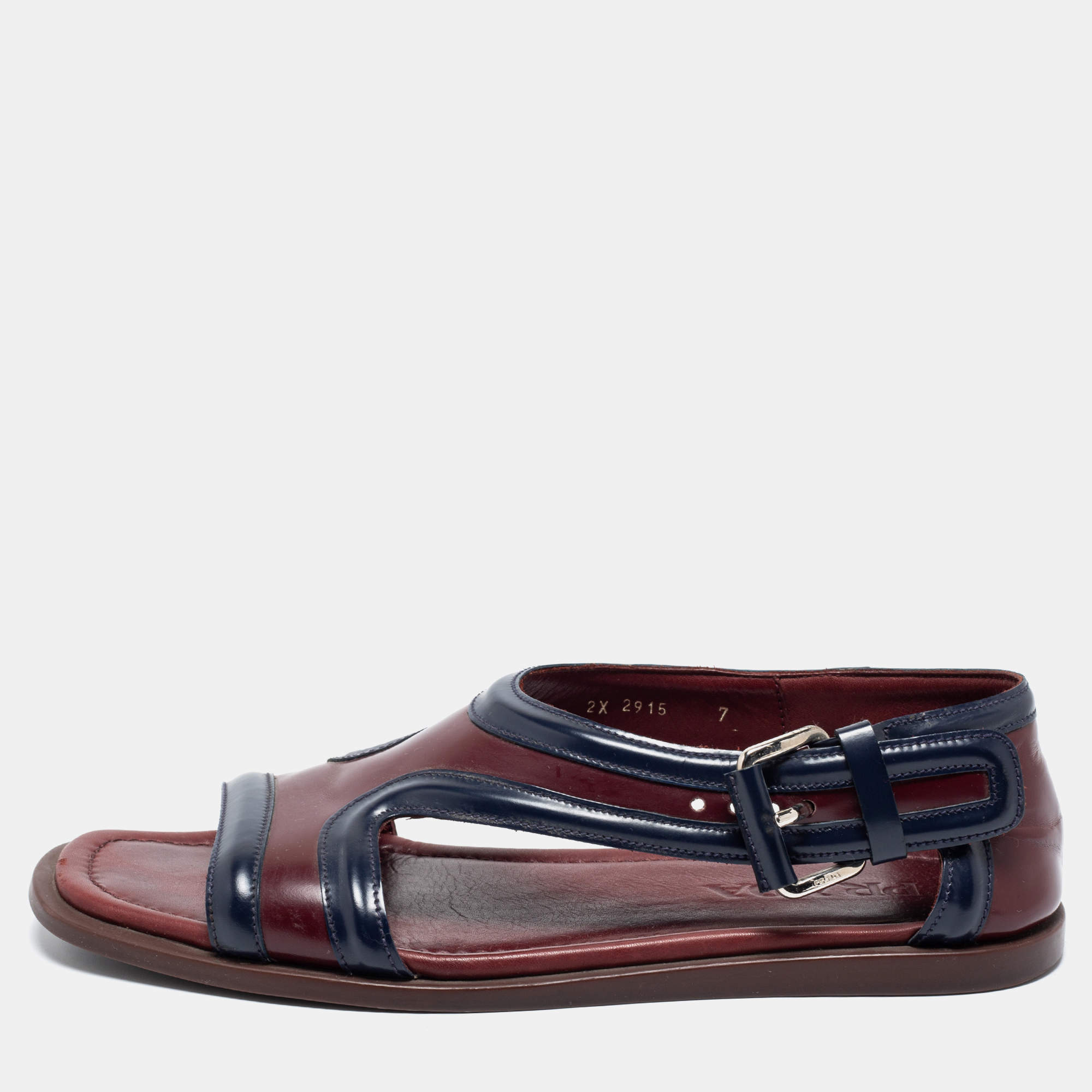 Pre Owned Prada Burgundy/Navy Blue Leather Slide Sandals Size 41