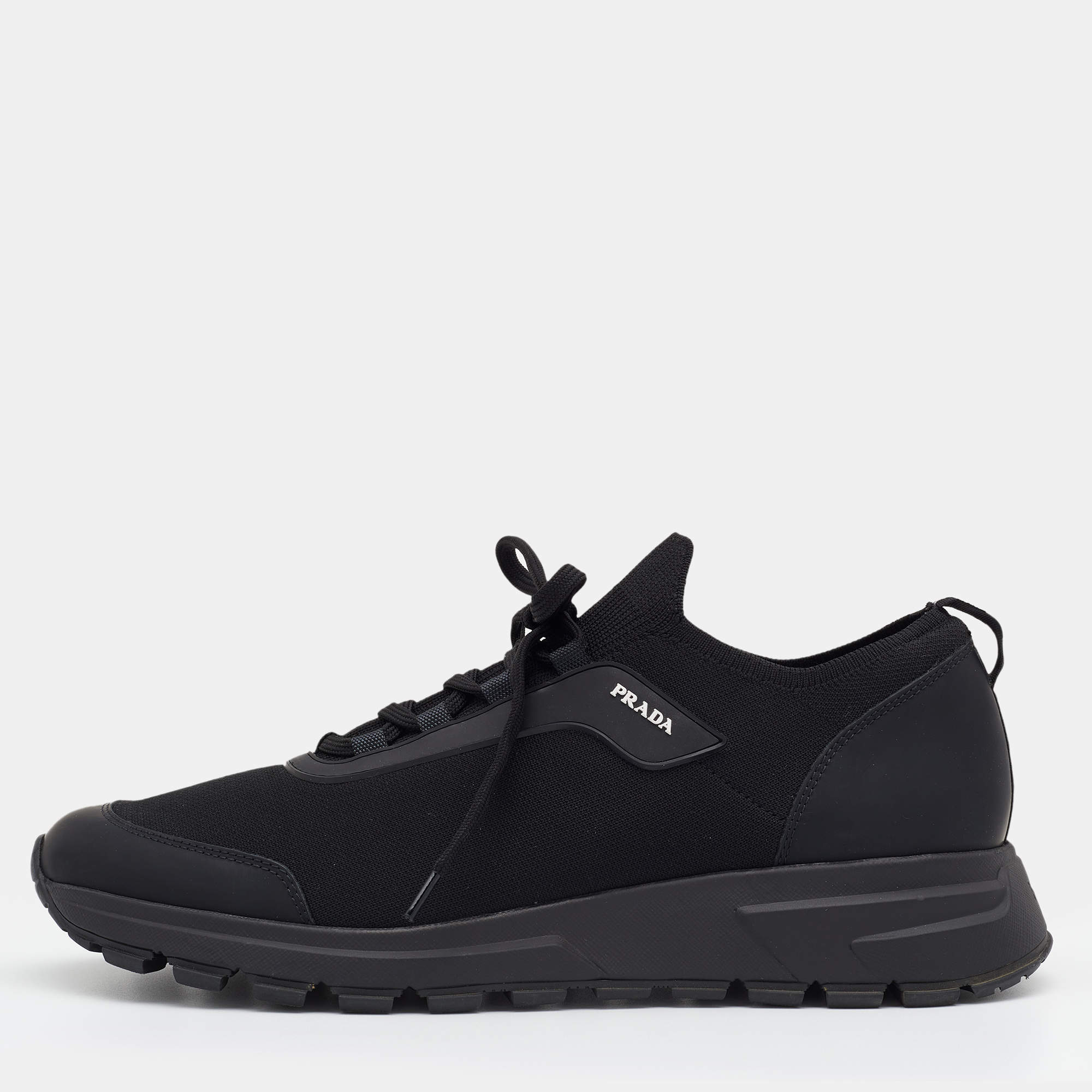 Prada Black Stretch Knit and Leather Prax Low Top Sneakers Size 42