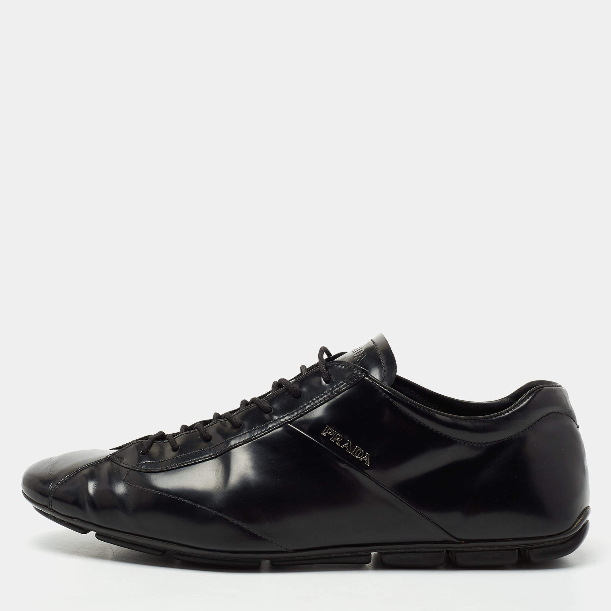 Pre Owned Prada Black Leather Lace Up Sneakers Size 43.5