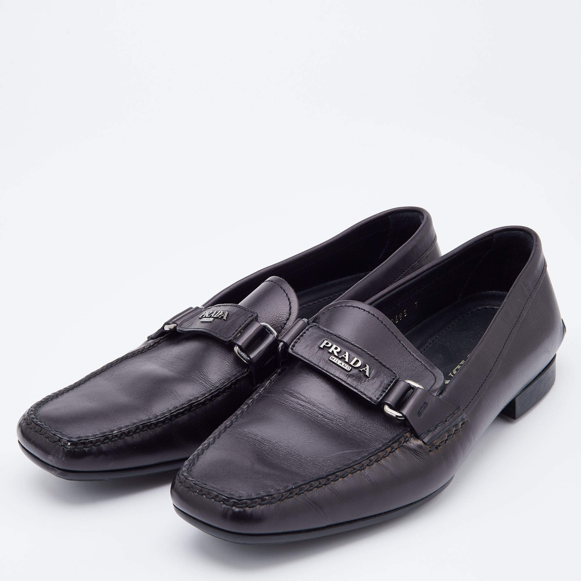 Pre Owned Prada Black Leather Slip On Loafers Size 41