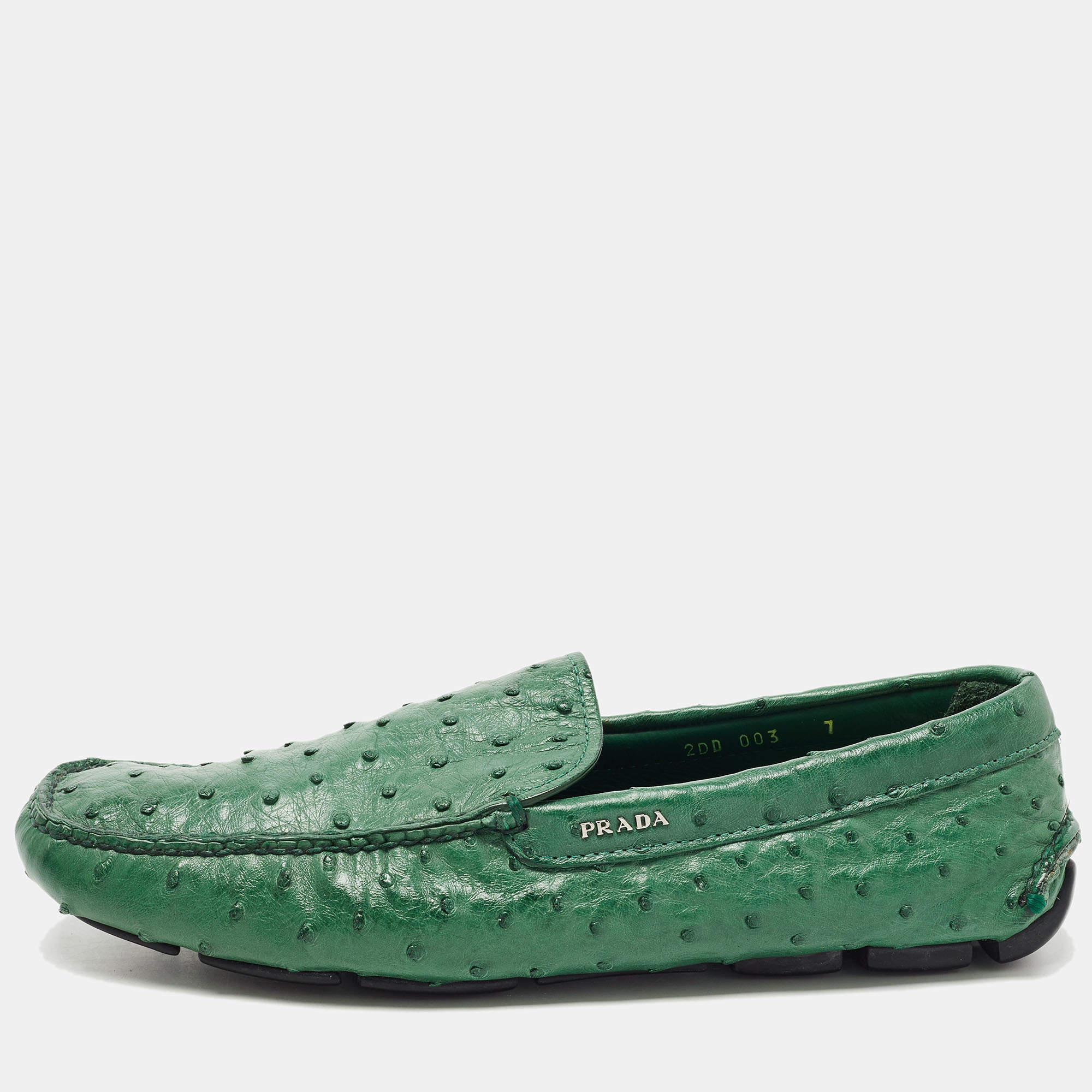 Prada Green Ostrich Leather Slip on Loafers Size 41 Prada TLC
