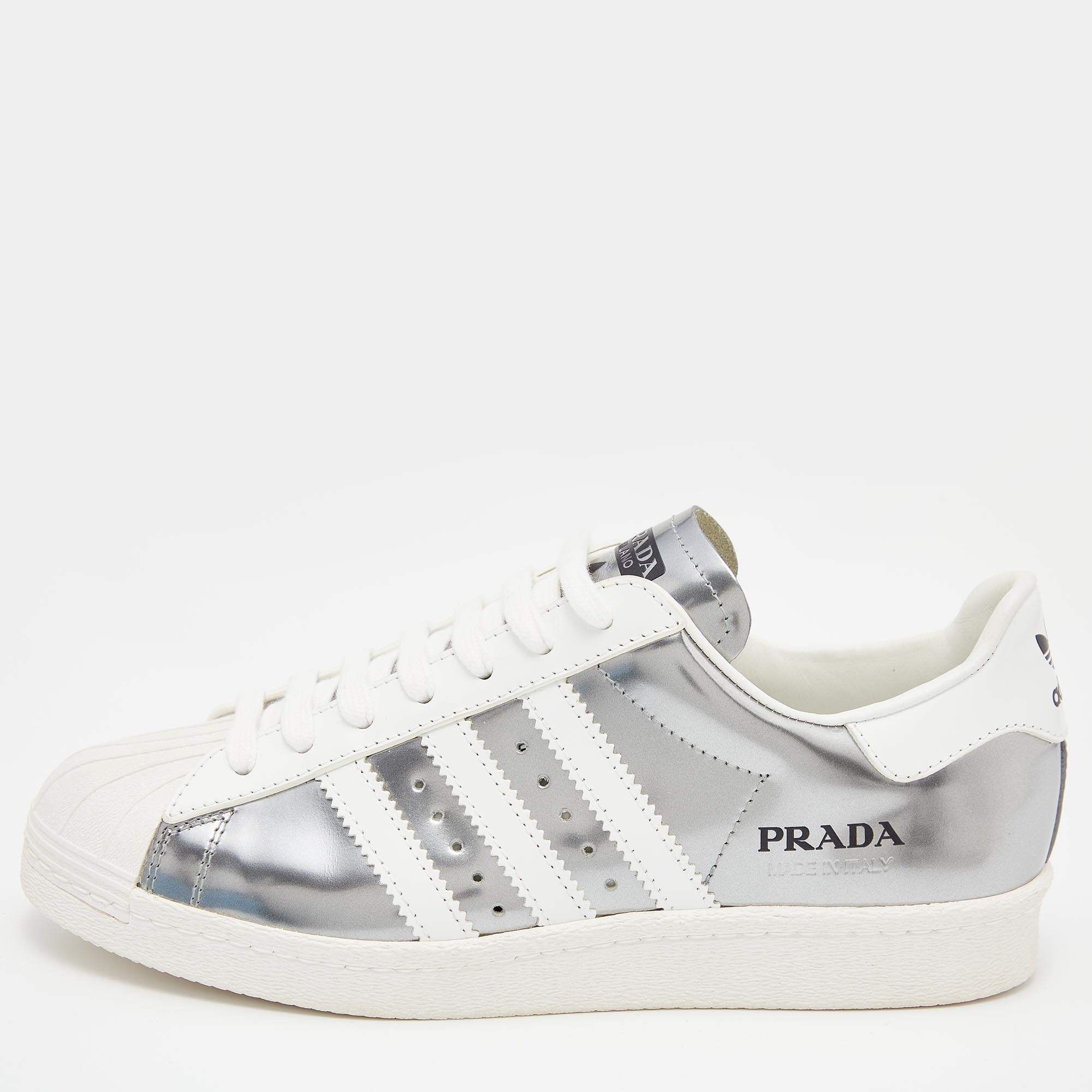 Prada x Adidas White/Silver Leather Superstar Low Top Sneakers Size 39 1/3
