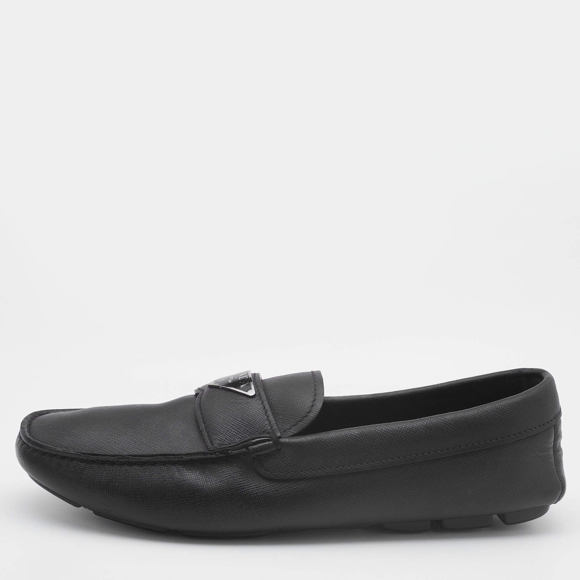 Pre Owned Prada Black Leather Logo Slip On Loafers Size 42