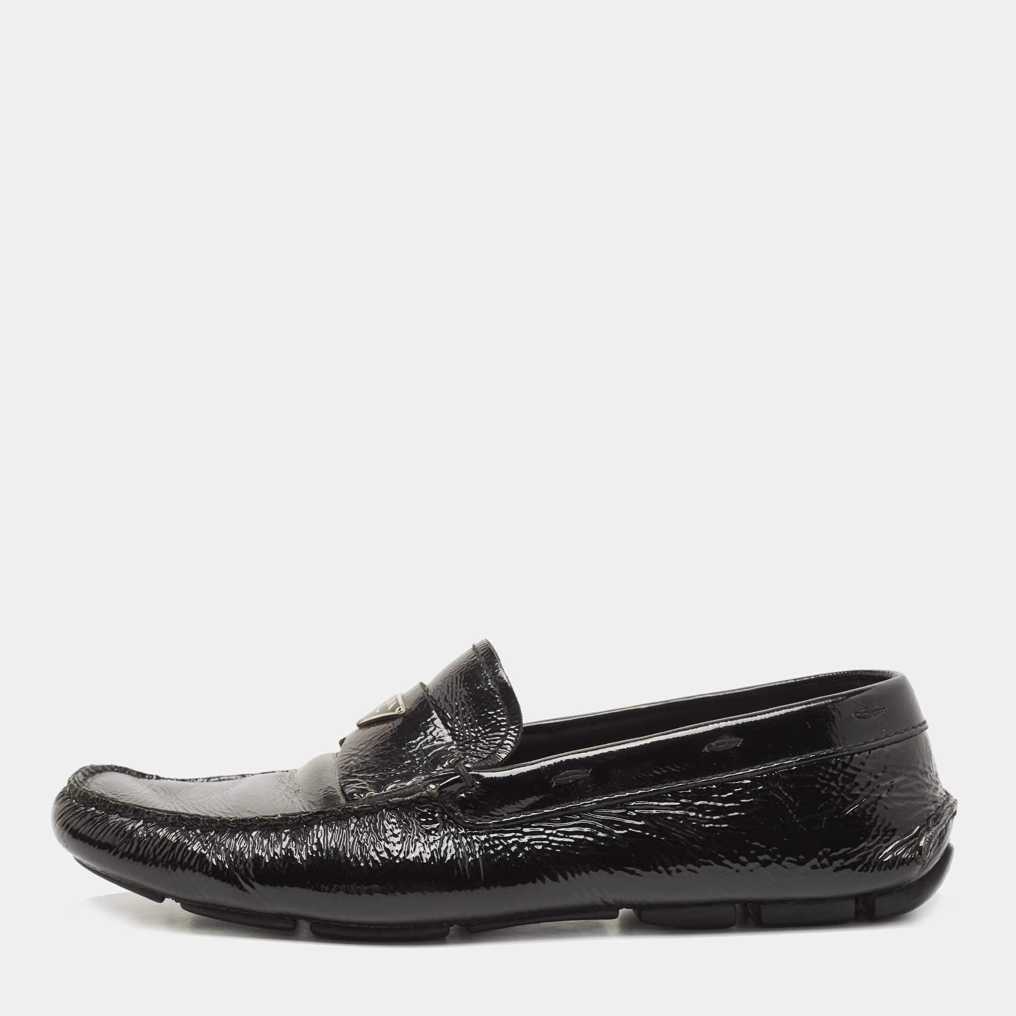 Prada Black Patent Leather Logo Slip On Loafers Size 41.5