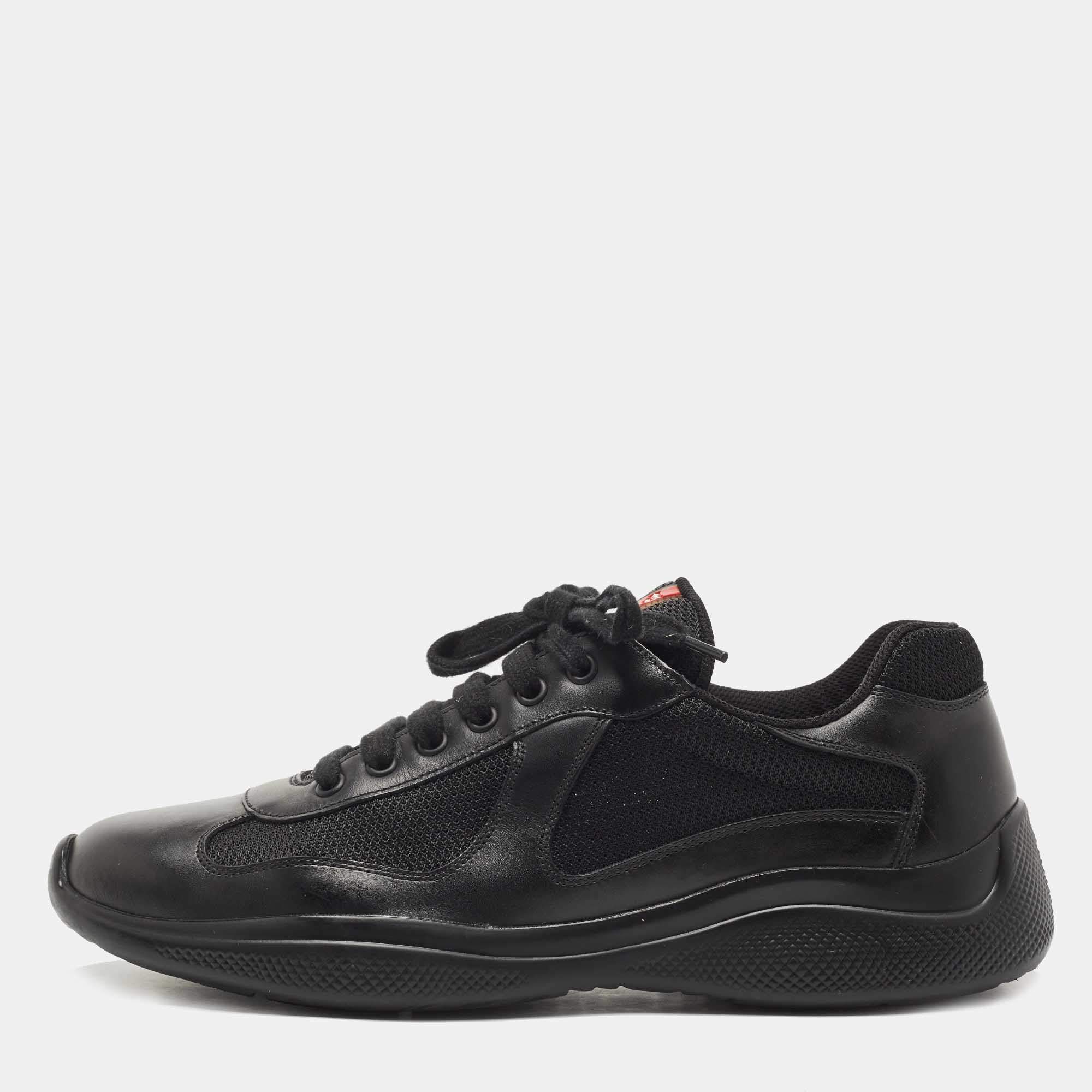 Prada Sports Black Leather and Mesh Low Top Sneakers Size 42