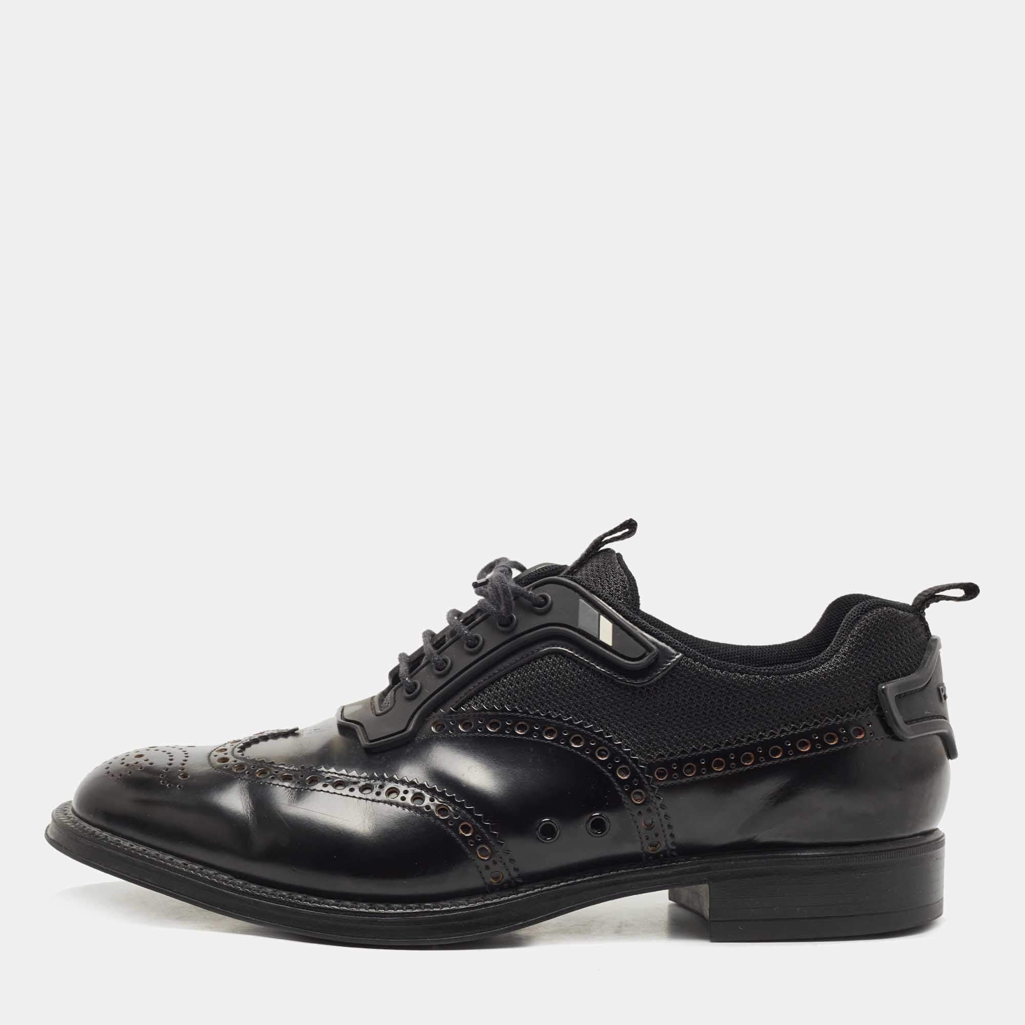 Prada Black Brogue Leather and Mesh Lace Up Oxfords Size 41.5