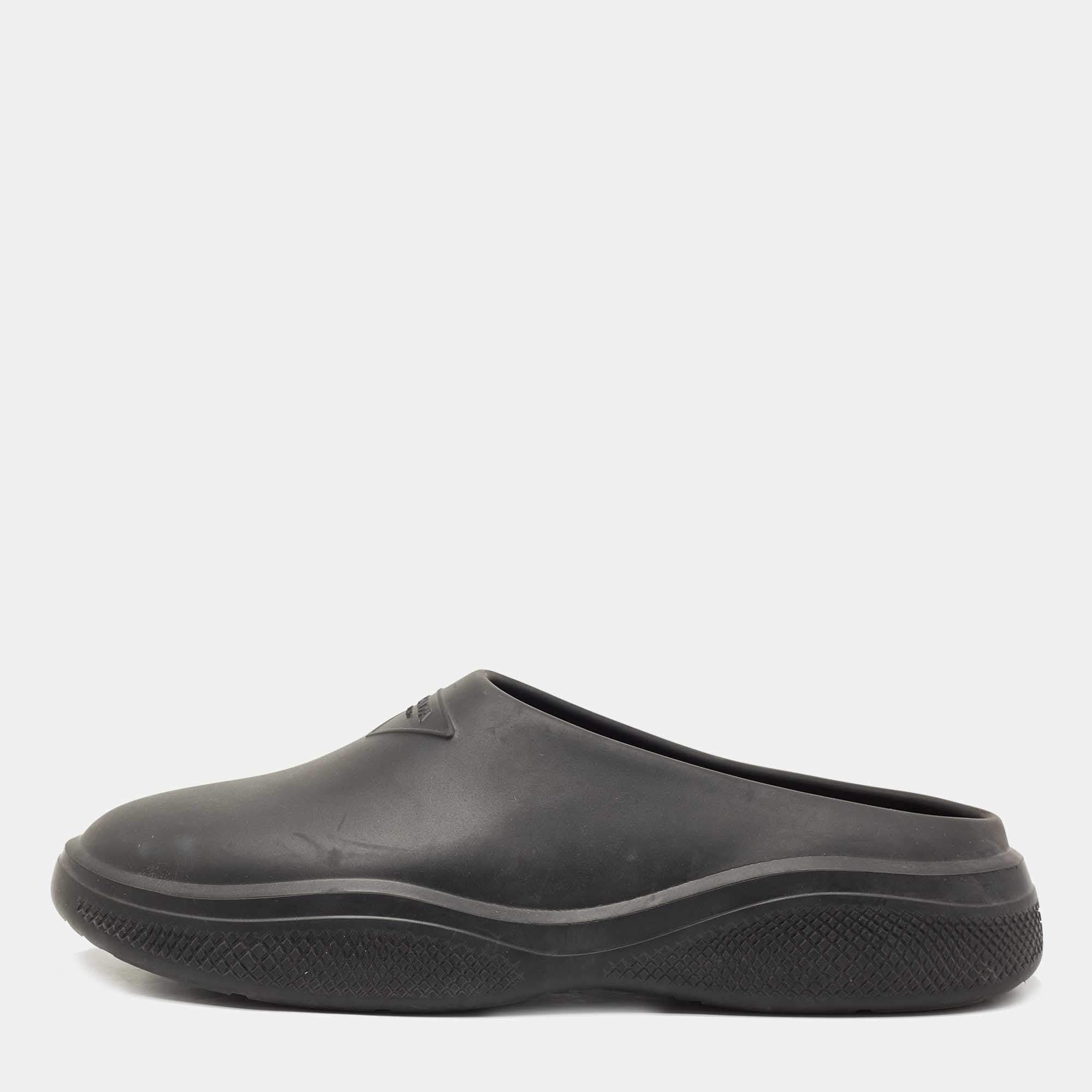 Prada Black Rubber Logo Mules Size 42 