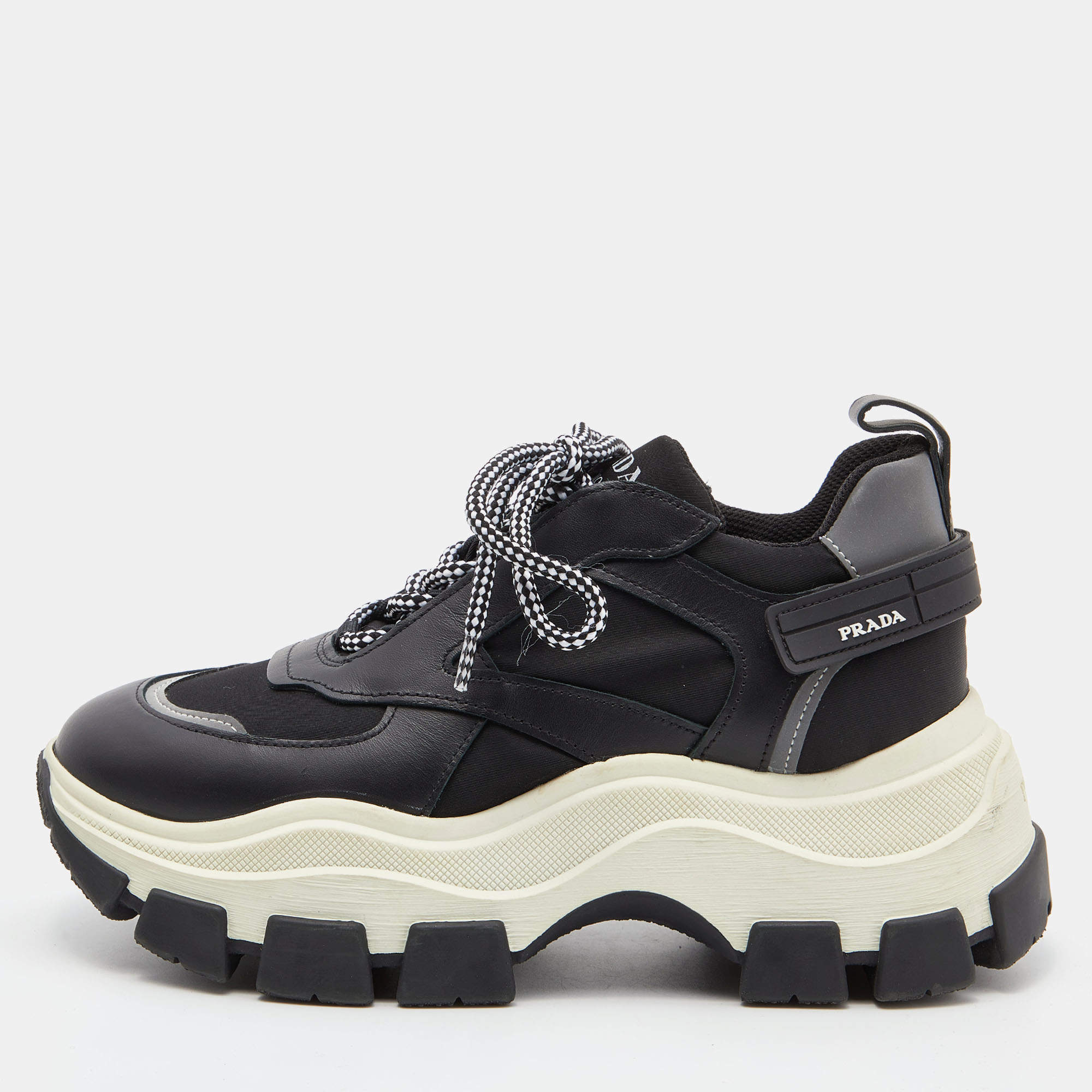 Prada Black/Grey Leather and Fabric Low Top Sneakers Size 39