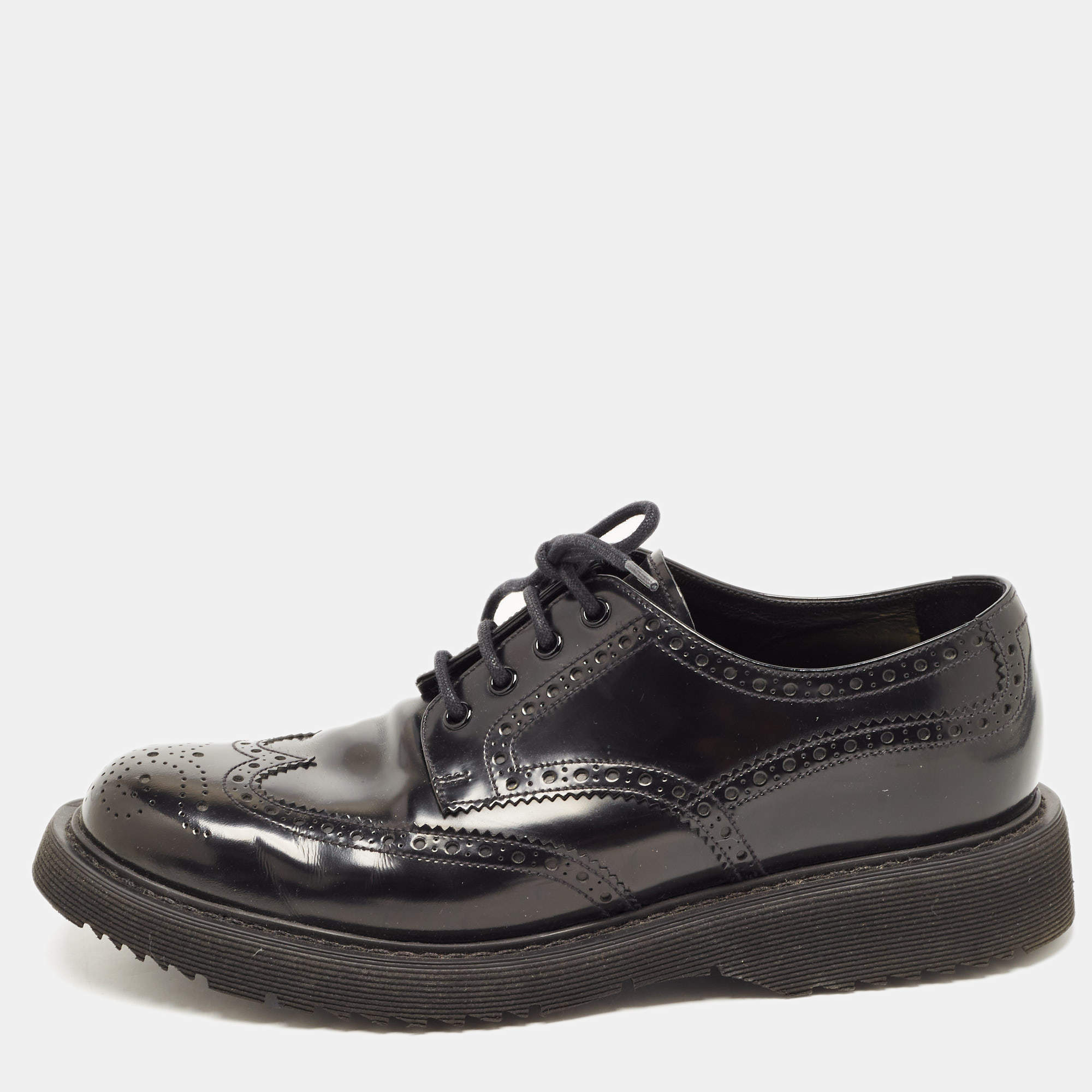 Pre Owned Prada Black Brogue Leather Lace Up Derby Size 42.5