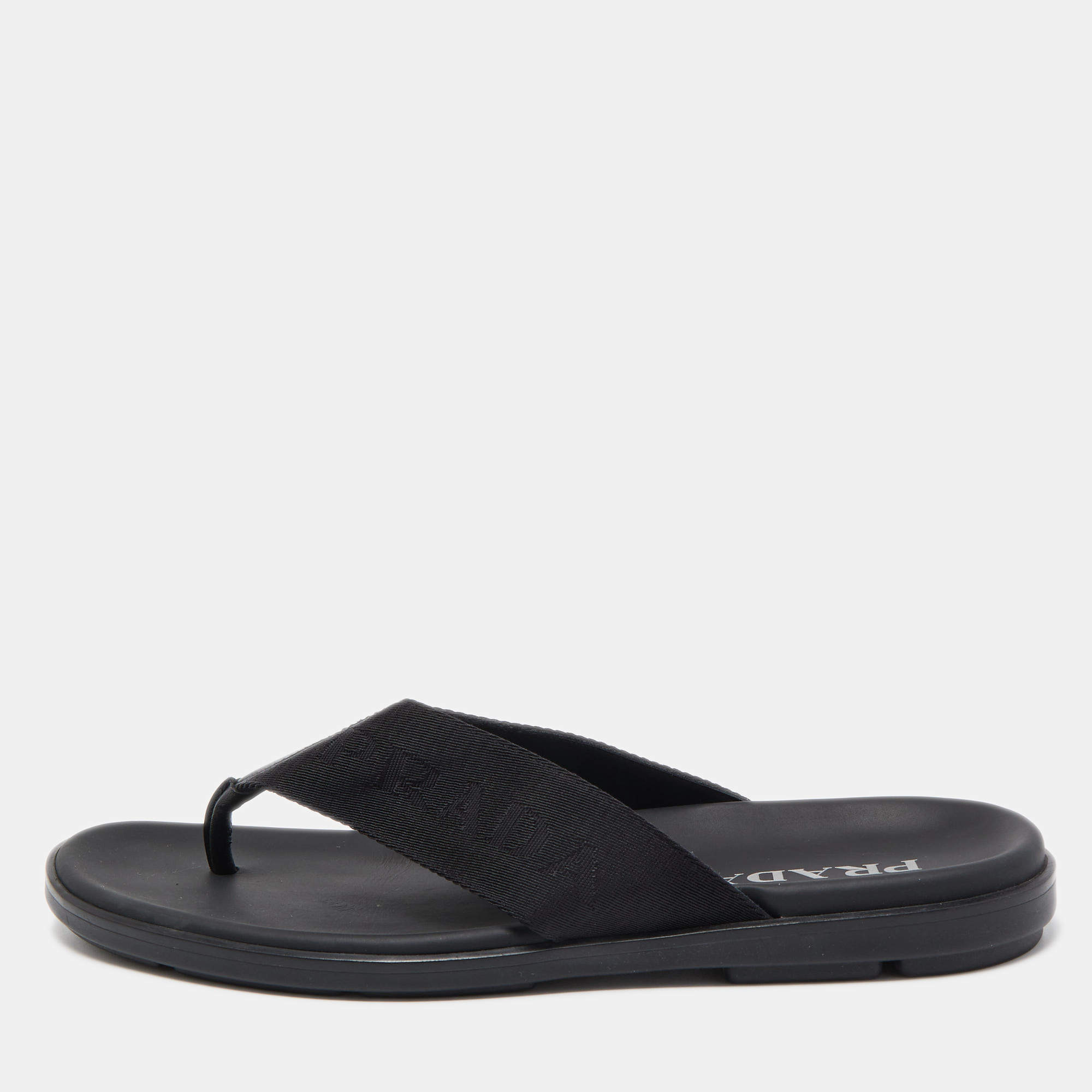 Prada Black Fabric and Leather Thong Flat Sandals Size 42