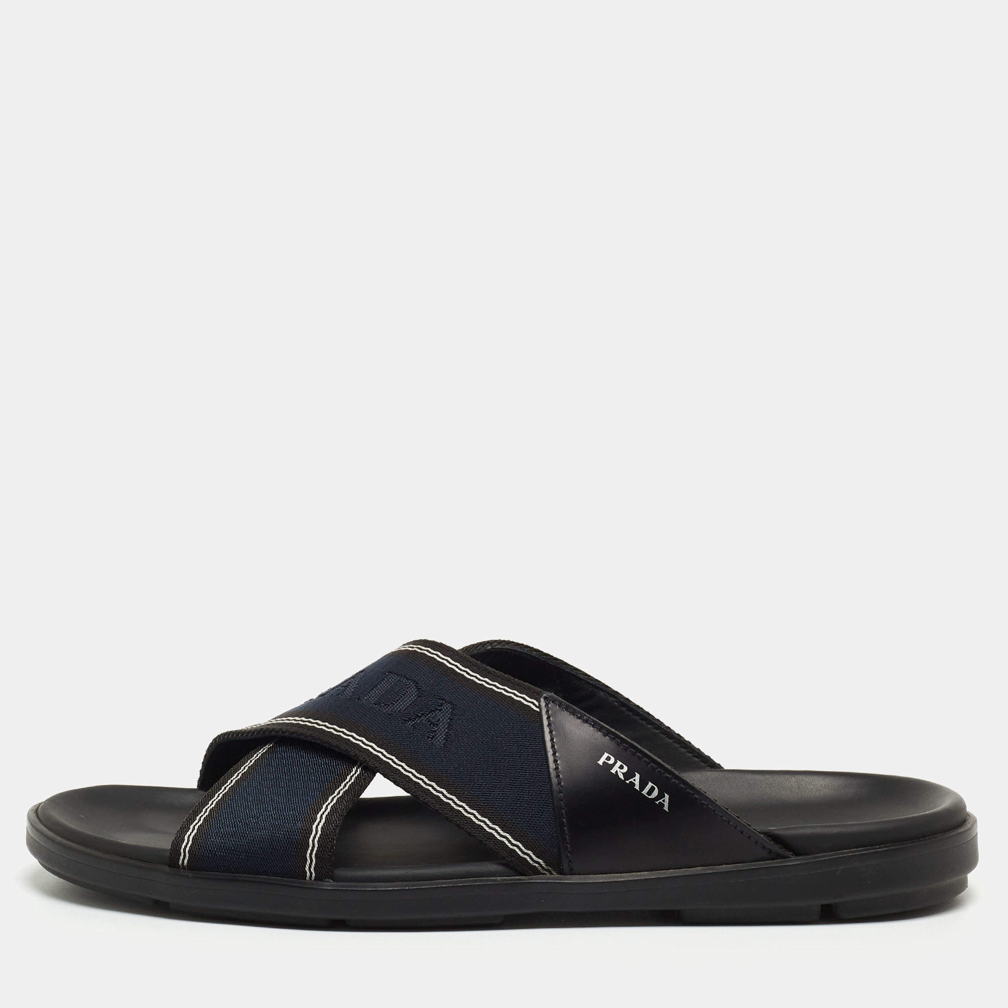 Prada Blue/Black Leather and Fabric Logo Tape Crisscross Slide Sandals Size 42