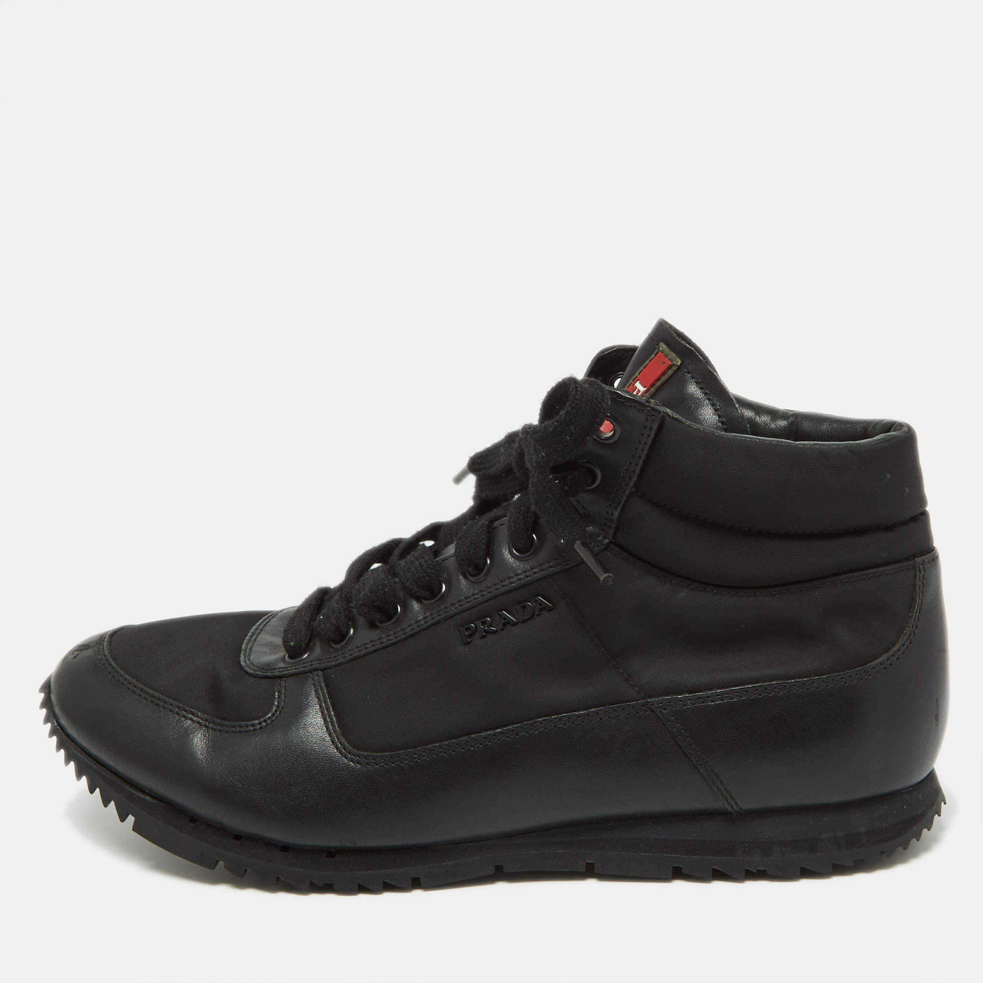 Prada Black Leather and Canvas High Top Sneakers Size 41