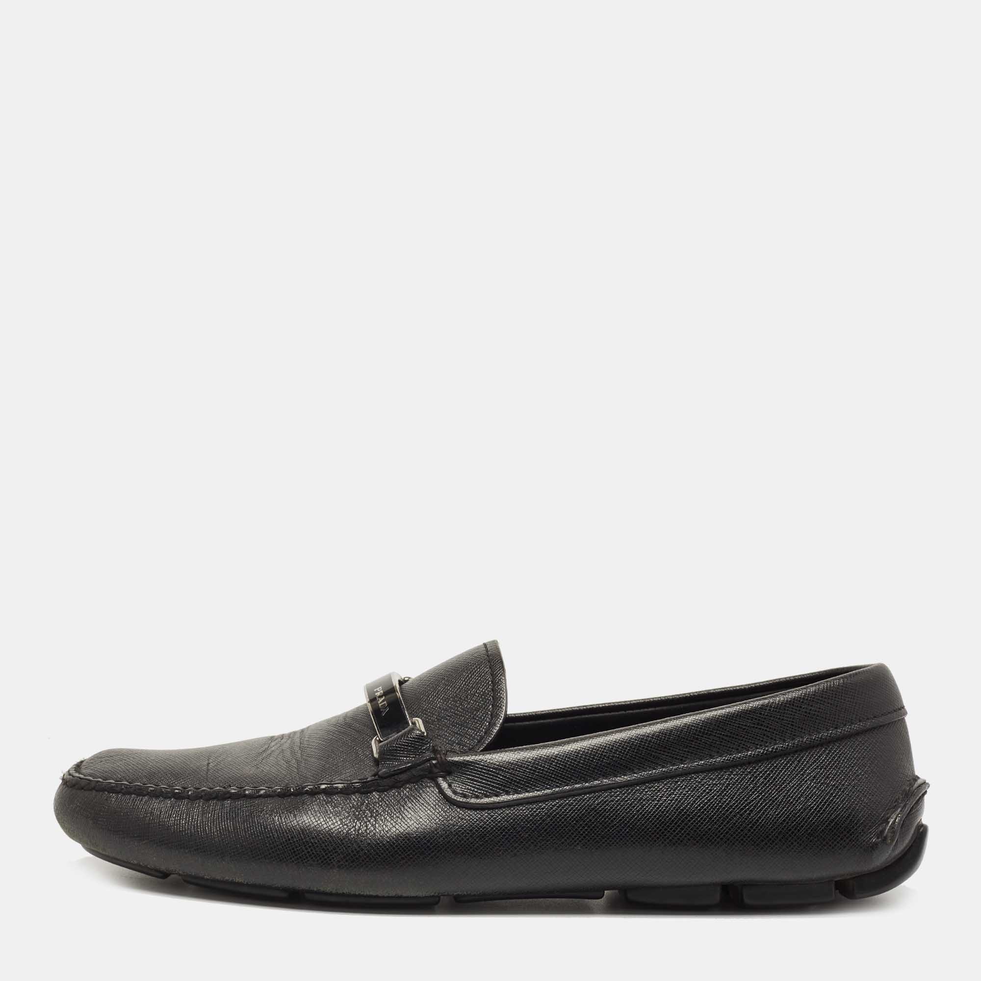 Prada Black Leather Slip On Loafers Size 42