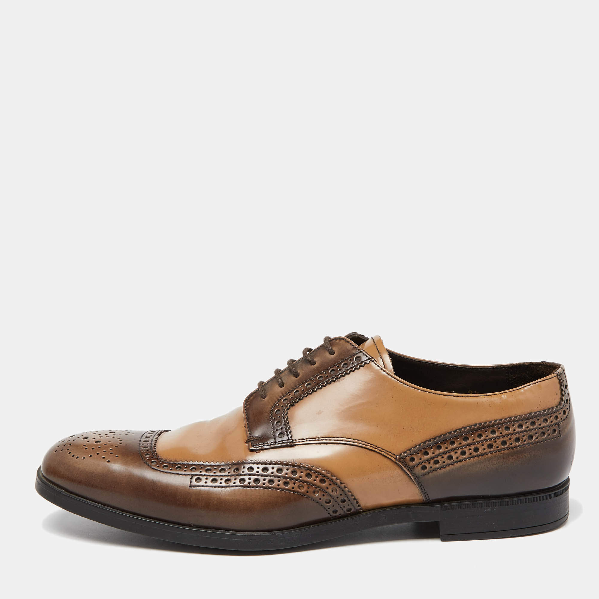 Pre Owned Prada Brown/Beige Brogue Leather Lace Up Derby Size 43.5 