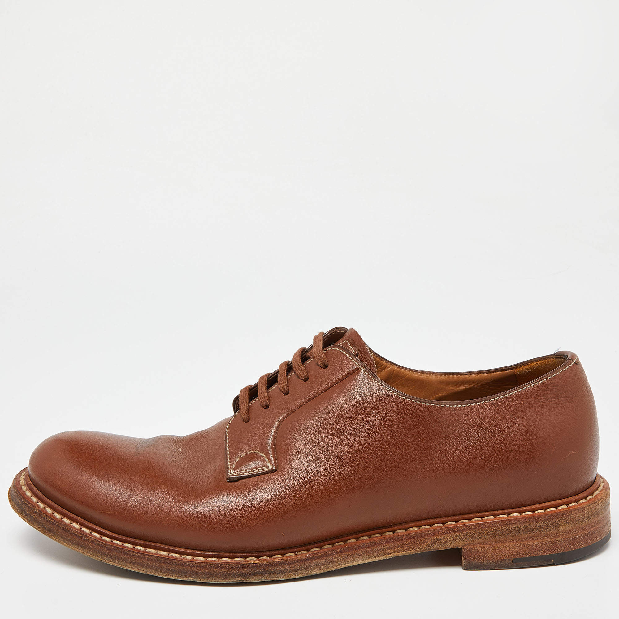 Pre Owned Prada Brown Leather Lace Up Derby Size 43.5