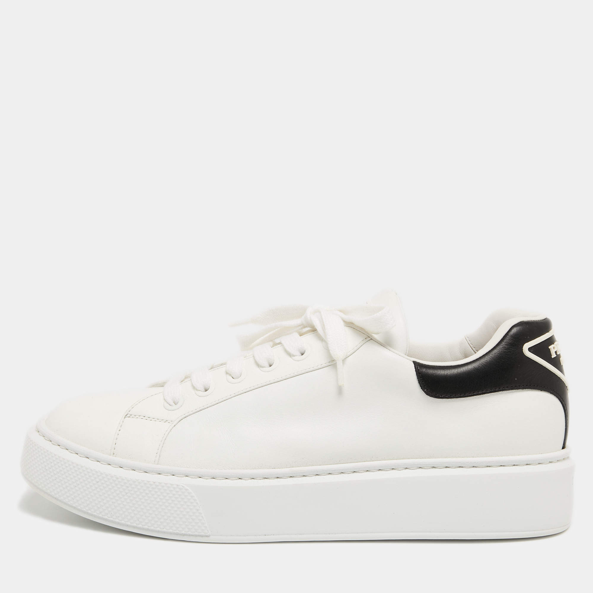 Prada White/Black Leather Macro Low Top Sneakers Size 42