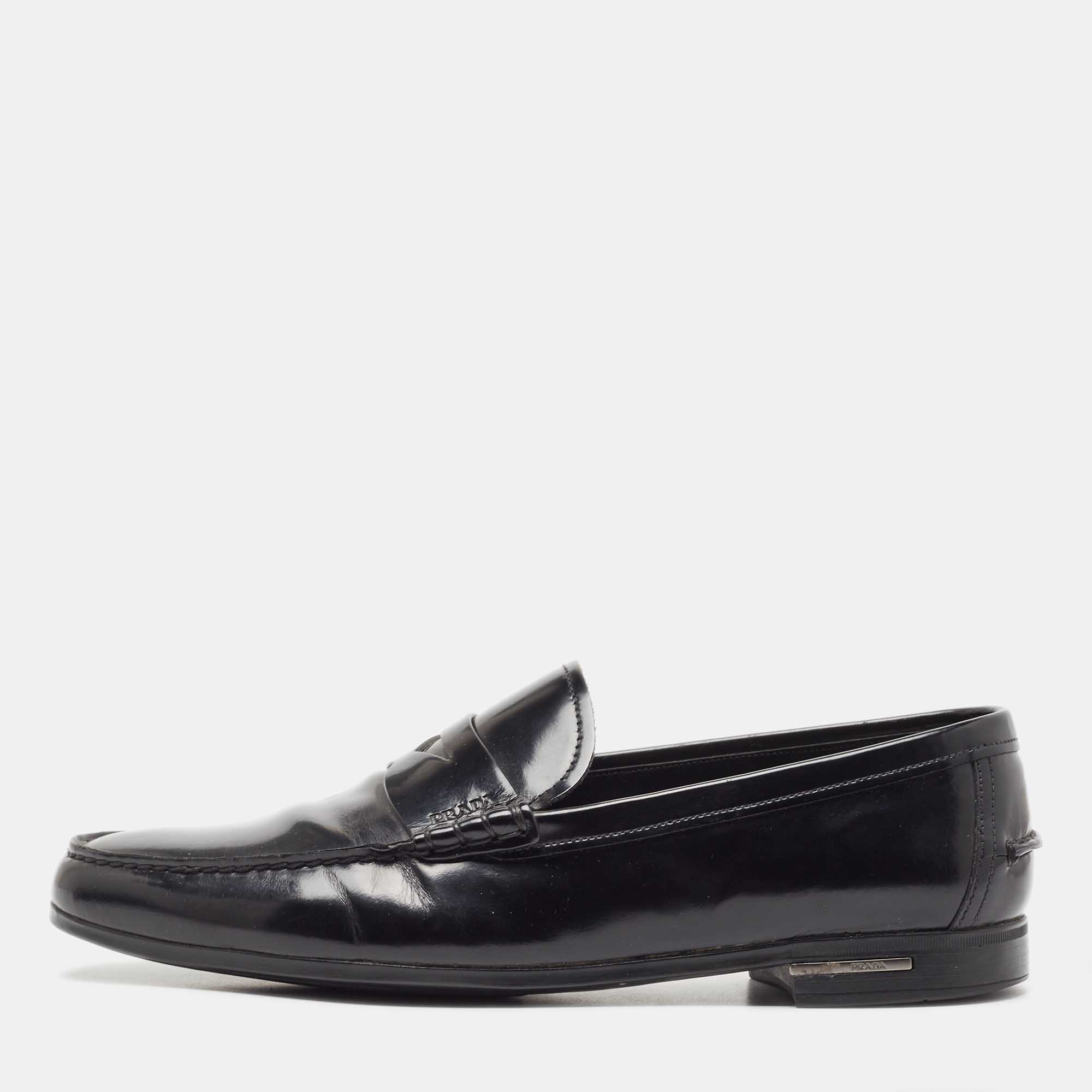 Pre Owned Prada Black Leather Slip On Loafers Size 42.5