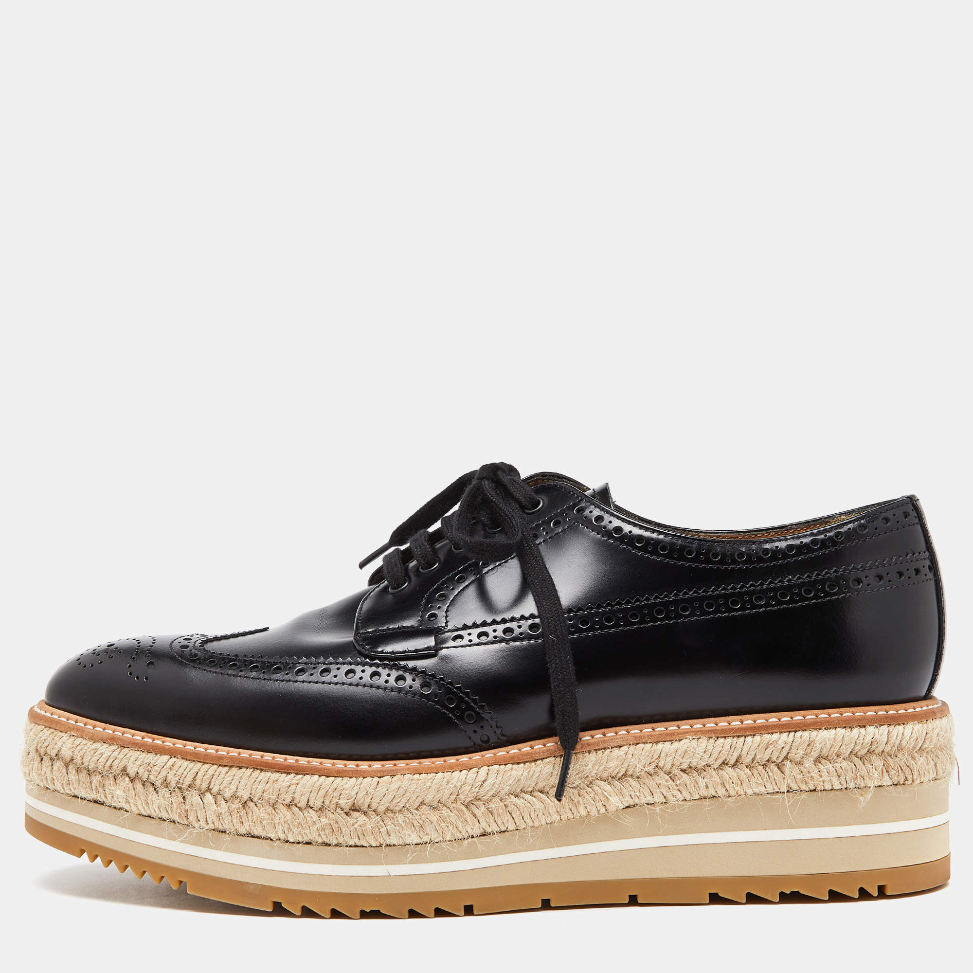 Prada Black Brogue Leather Wave Wingtip Espadrille Platform Derby Sneakers Size 42.5