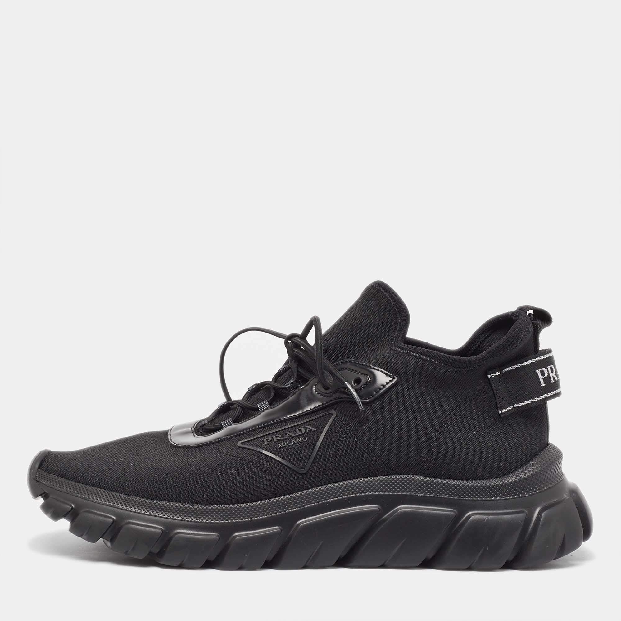 Prada Black Knit Fabric Lace Up Sneakers Size 43