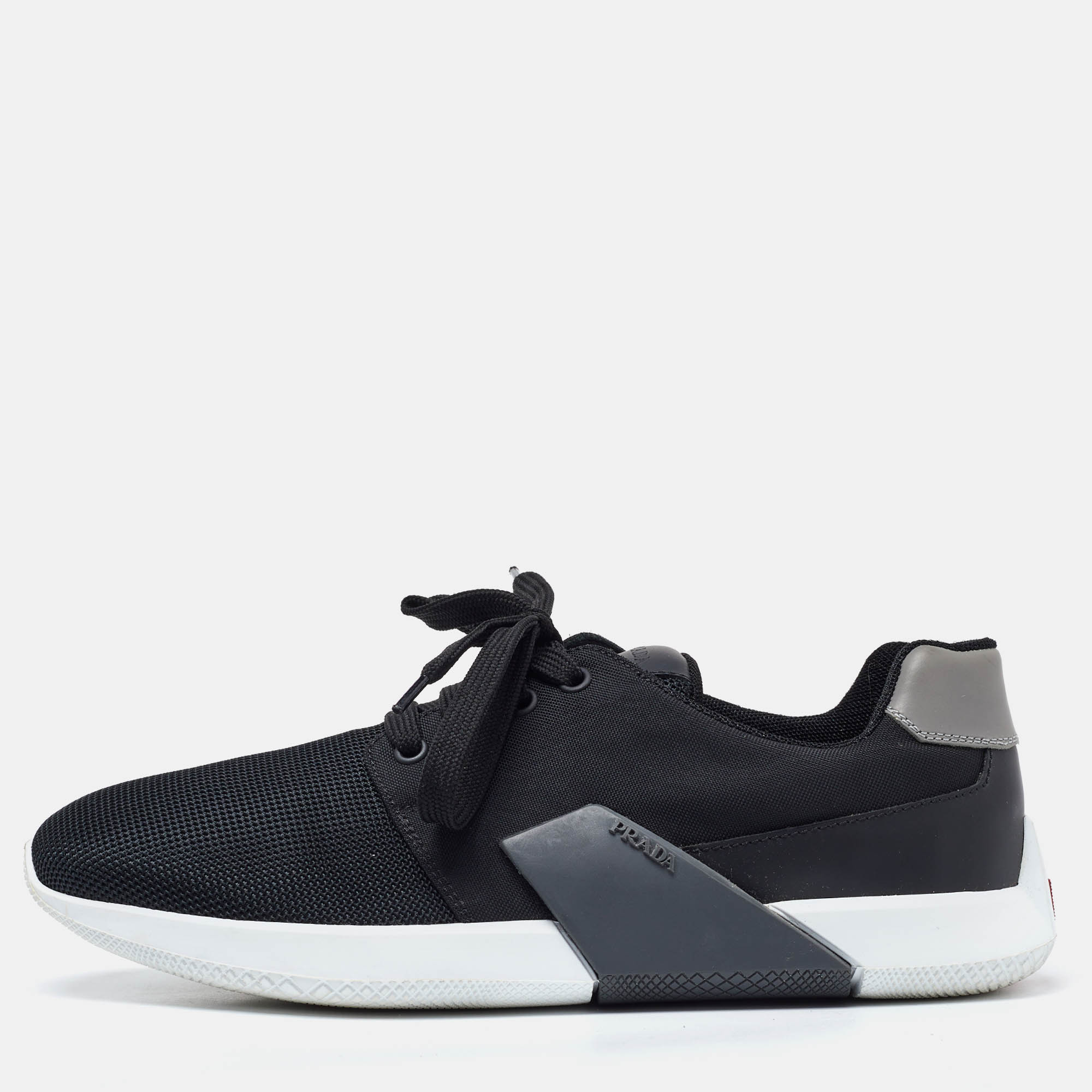 Pre Owned Prada Sport Black Mesh Lace and Leather Up Low Top Sneakers Size 39.5