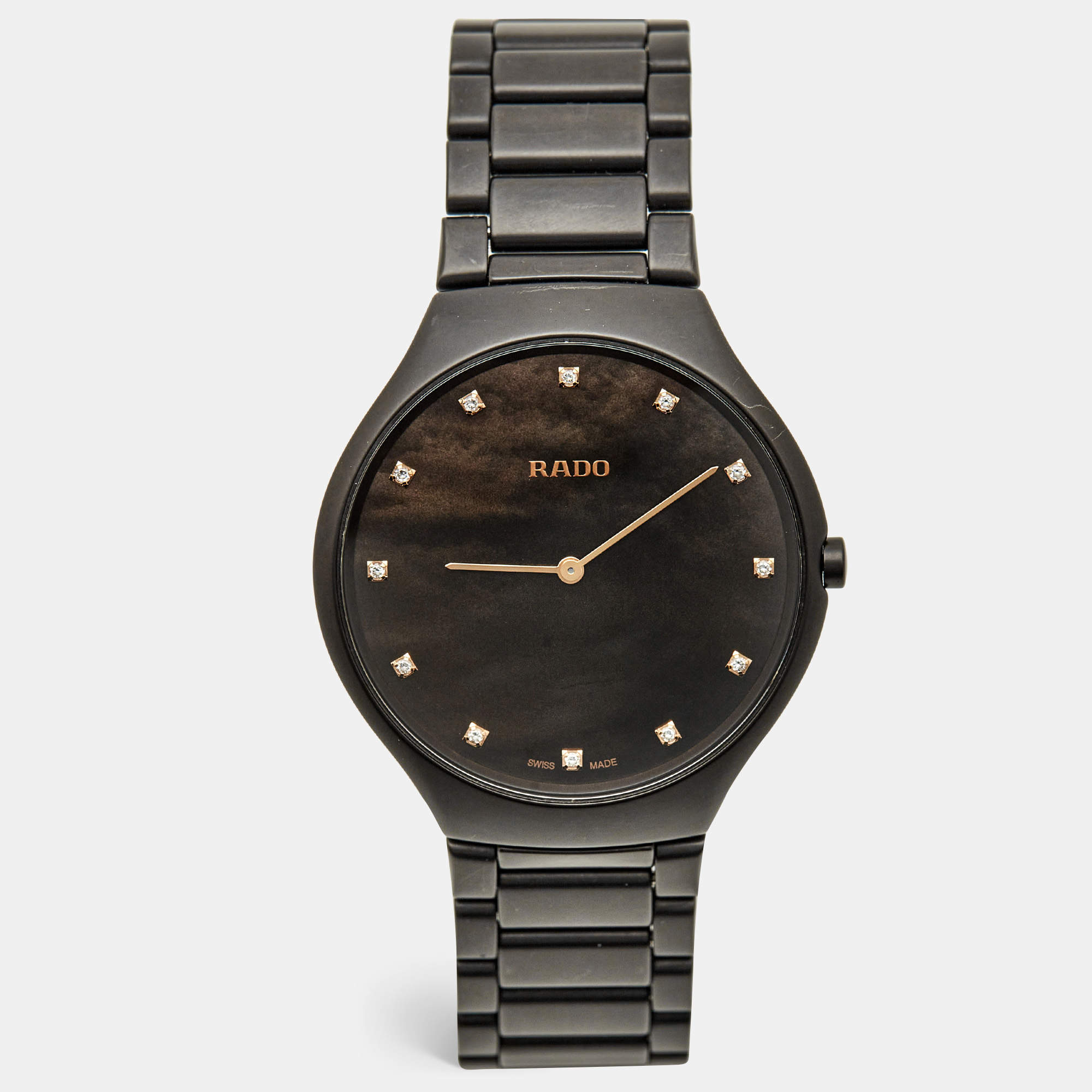 Pre Owned Rado True Thinline R27011902 Brown Mother Of Pearl Dial Diamond High-Tech Ceramic Titanium Men's Wristwatch 39 mm