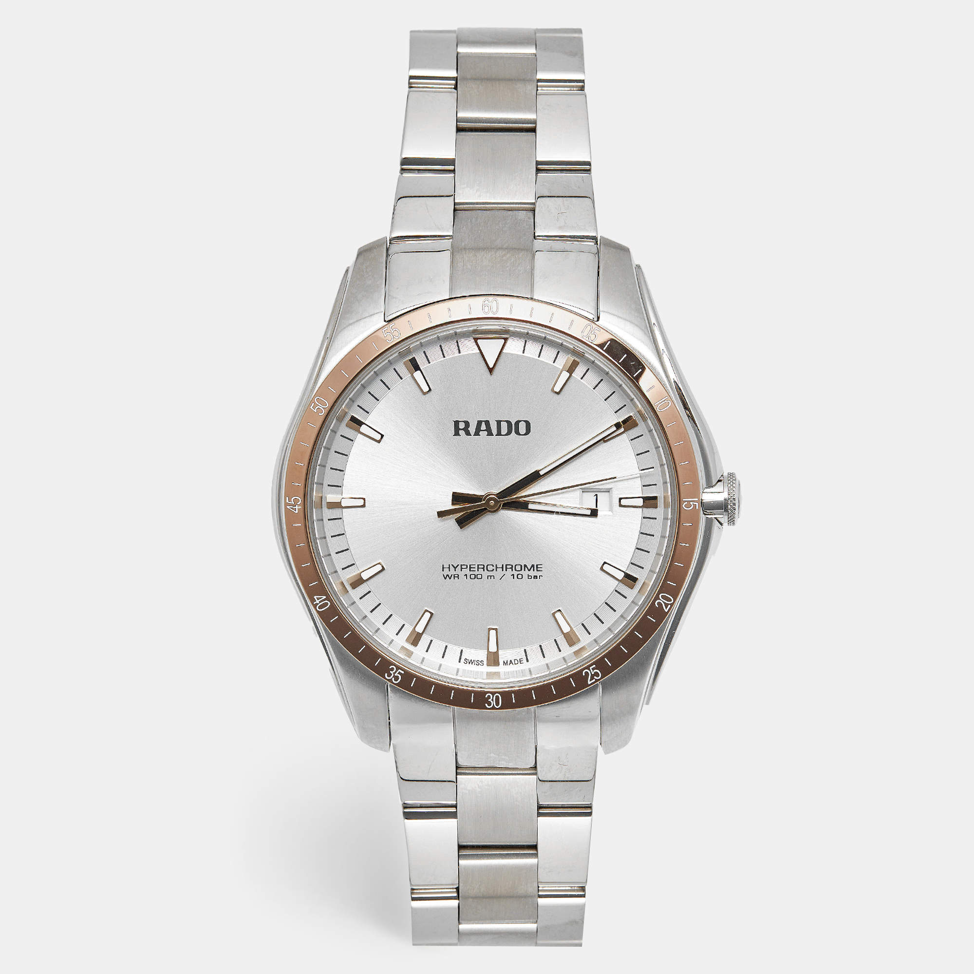 Pre Owned Rado Hyperchrome R32502103 Silver Dial Gold Plated Ceramos Stainless Steel Men's Wristwatch 44.90 mm
