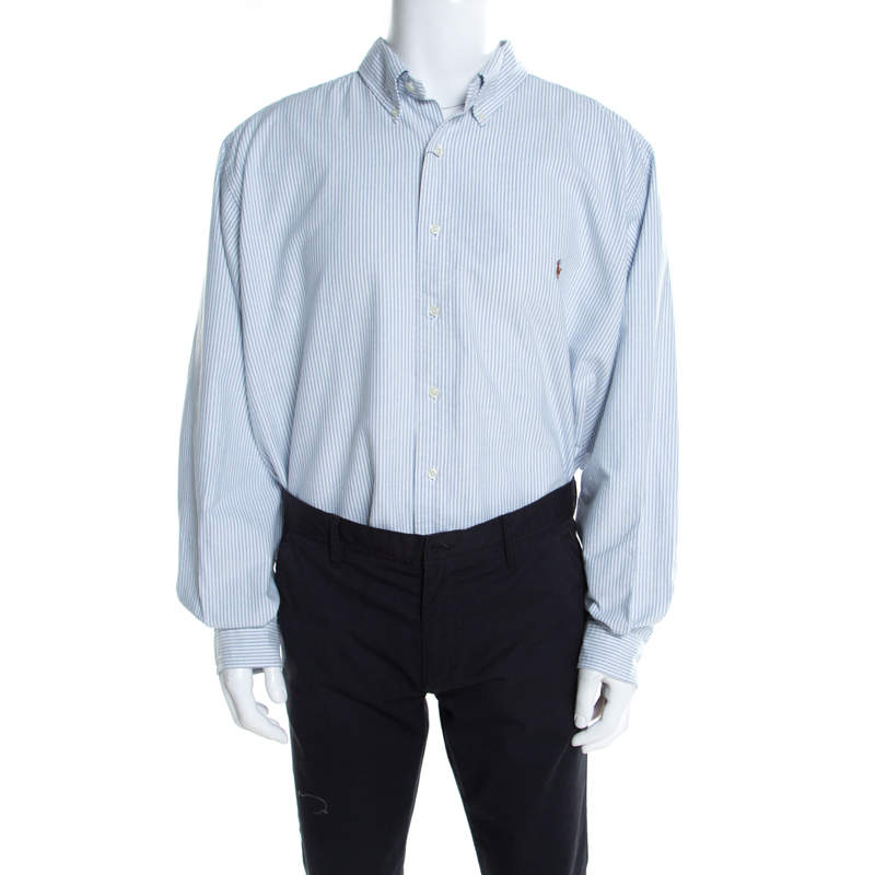 Ralph Lauren Blue and White Striped Cotton Logo Embroidered Shirt 2XB ...