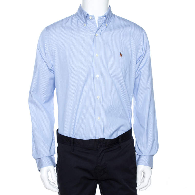 Pre Owned Ralph Lauren Light Blue Striped Cotton Button Down Shirt M