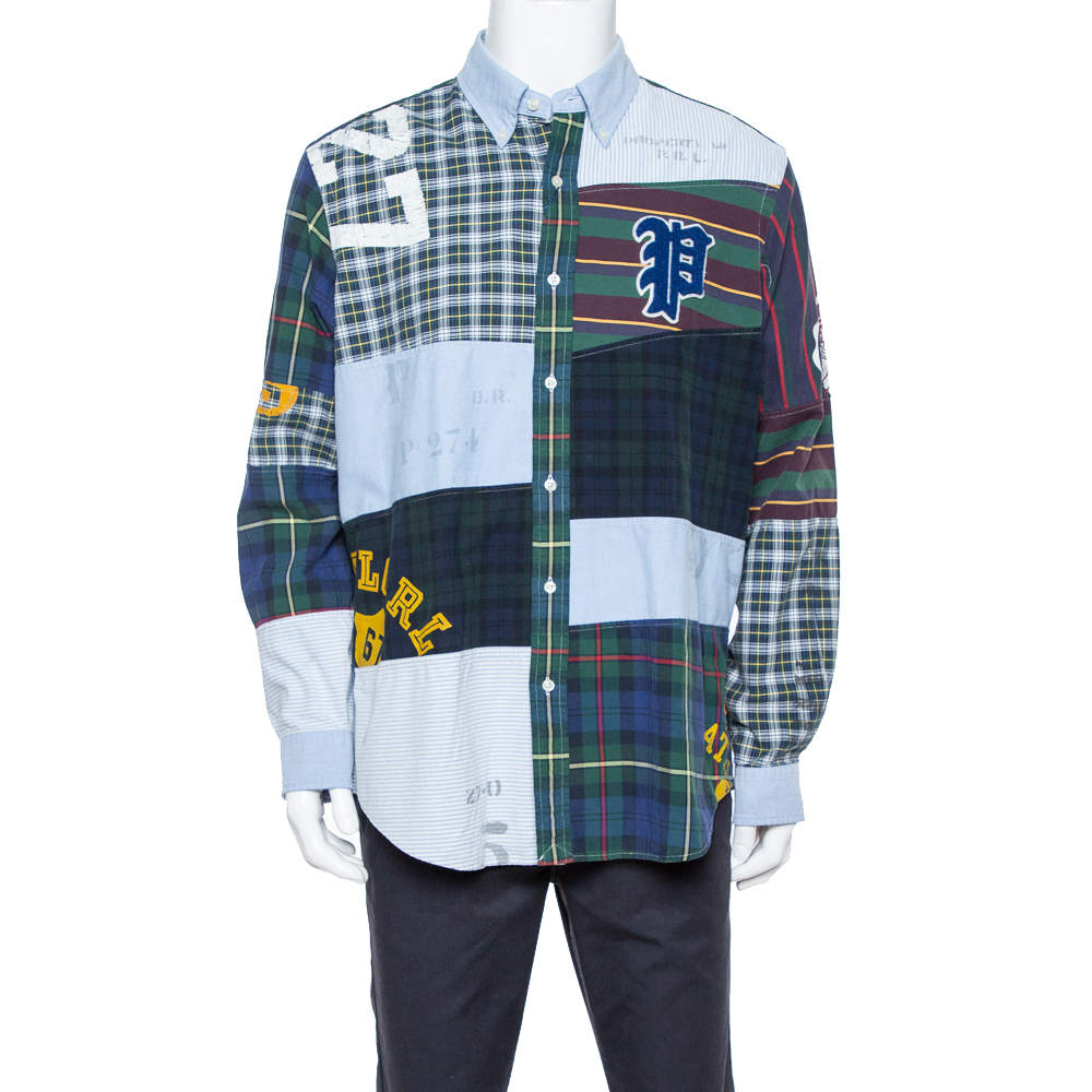 Pre Owned Ralph Lauren Blue P Letterman Patchwork Detail Button Front Shirt XL
