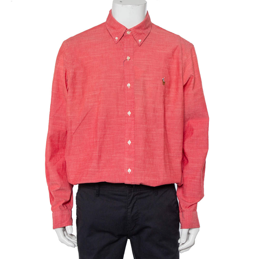 Pre Owned Ralph Lauren Pink Cotton Logo Embroidered Button Front Shirt XL