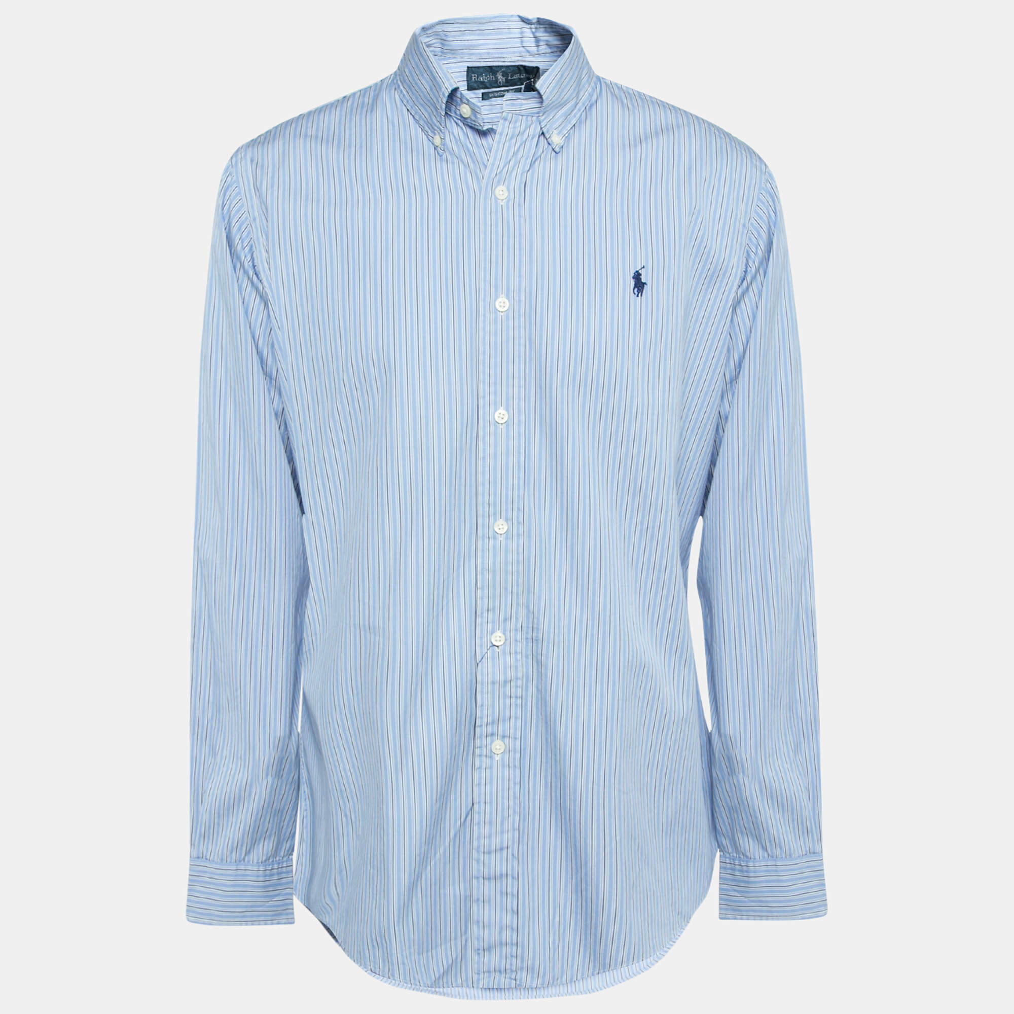 Pre Owned Ralph Lauren Blue Striped Cotton Custom Fit Button Down Shirt L