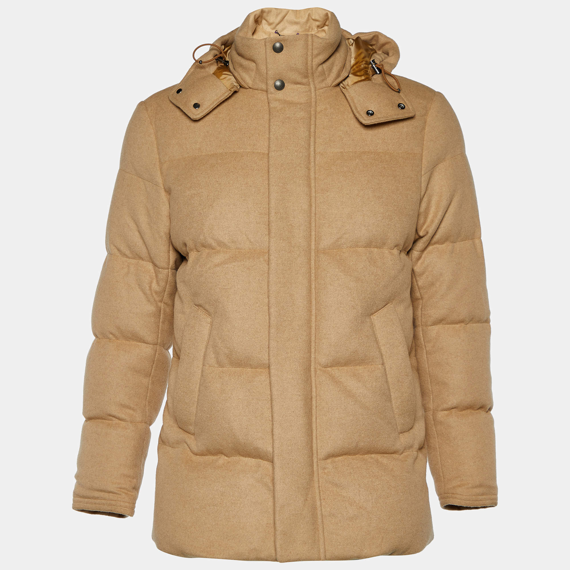 Pre Owned Ralph Lauren Camel Beige Wool Hooded Down Jacket XS