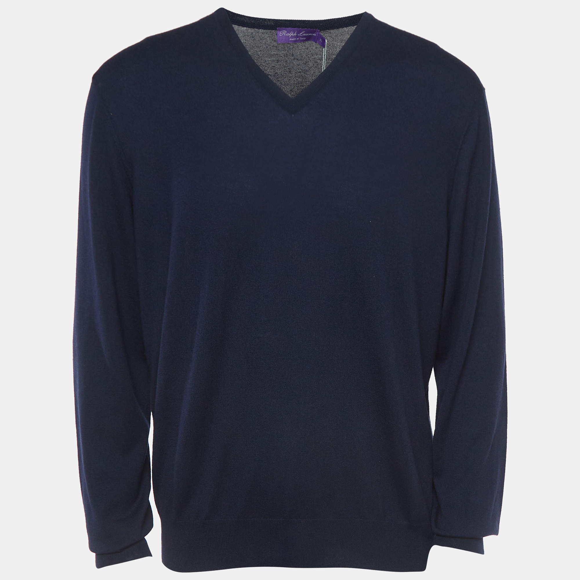 Pre Owned Ralph Lauren Navy Blue Cashmere V-Neck Sweater XL