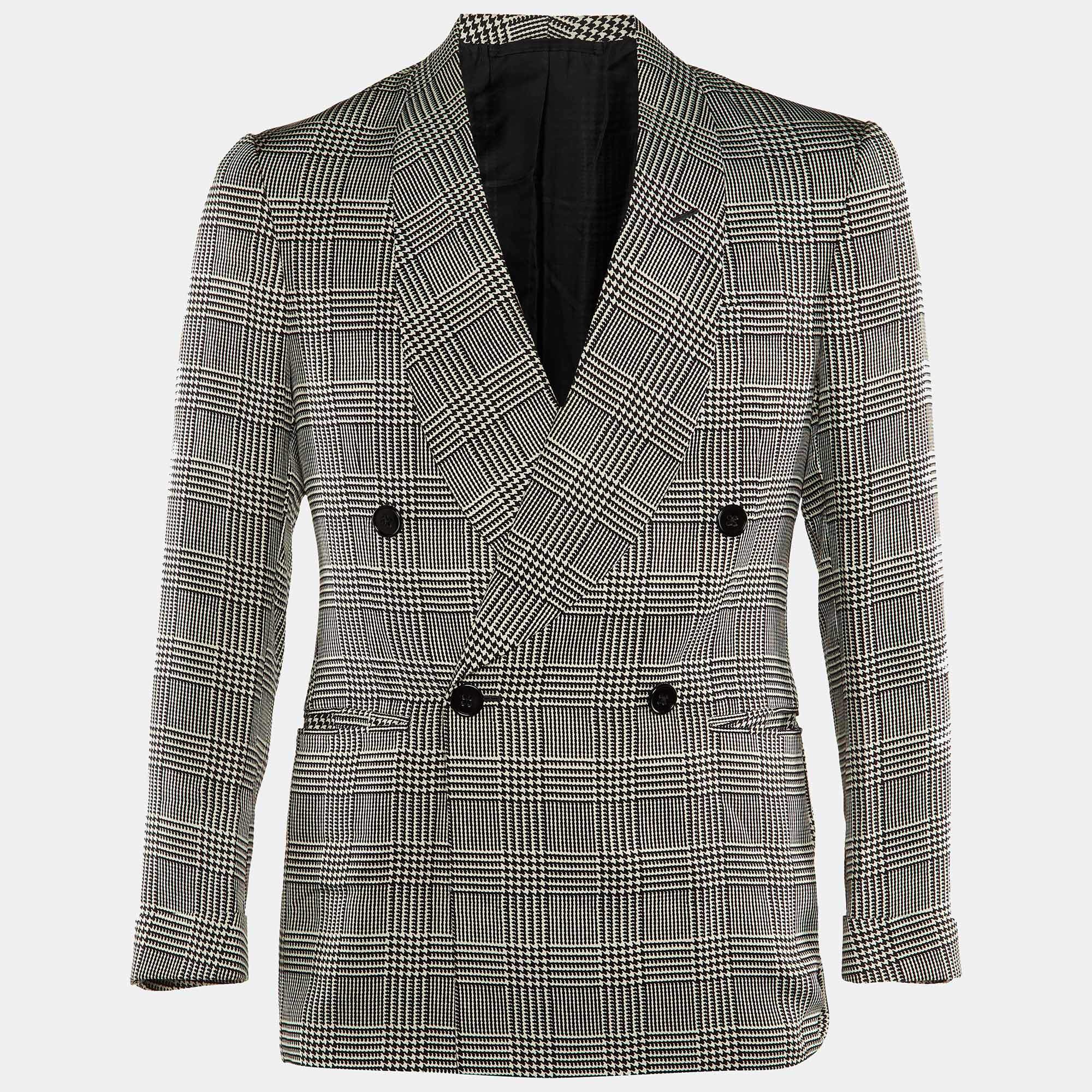 مملوكة مسبقًا Ralph Lauren Monochrome Houndsttooth Printed Silk Double Breasted Blazer M
