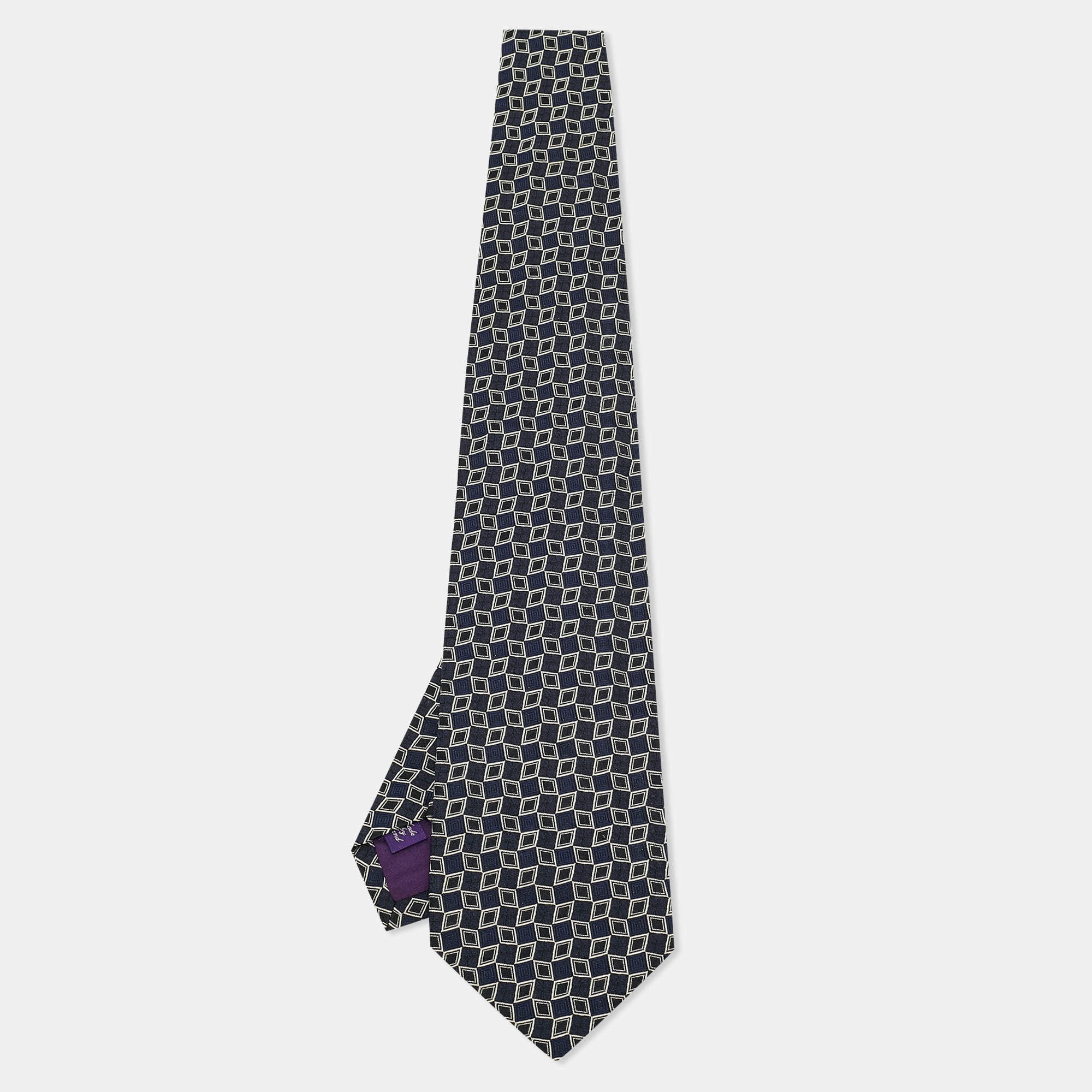 Pre Owned Ralph Lauren Blue Navy Geometric Silk Jacquard Traditional Tie