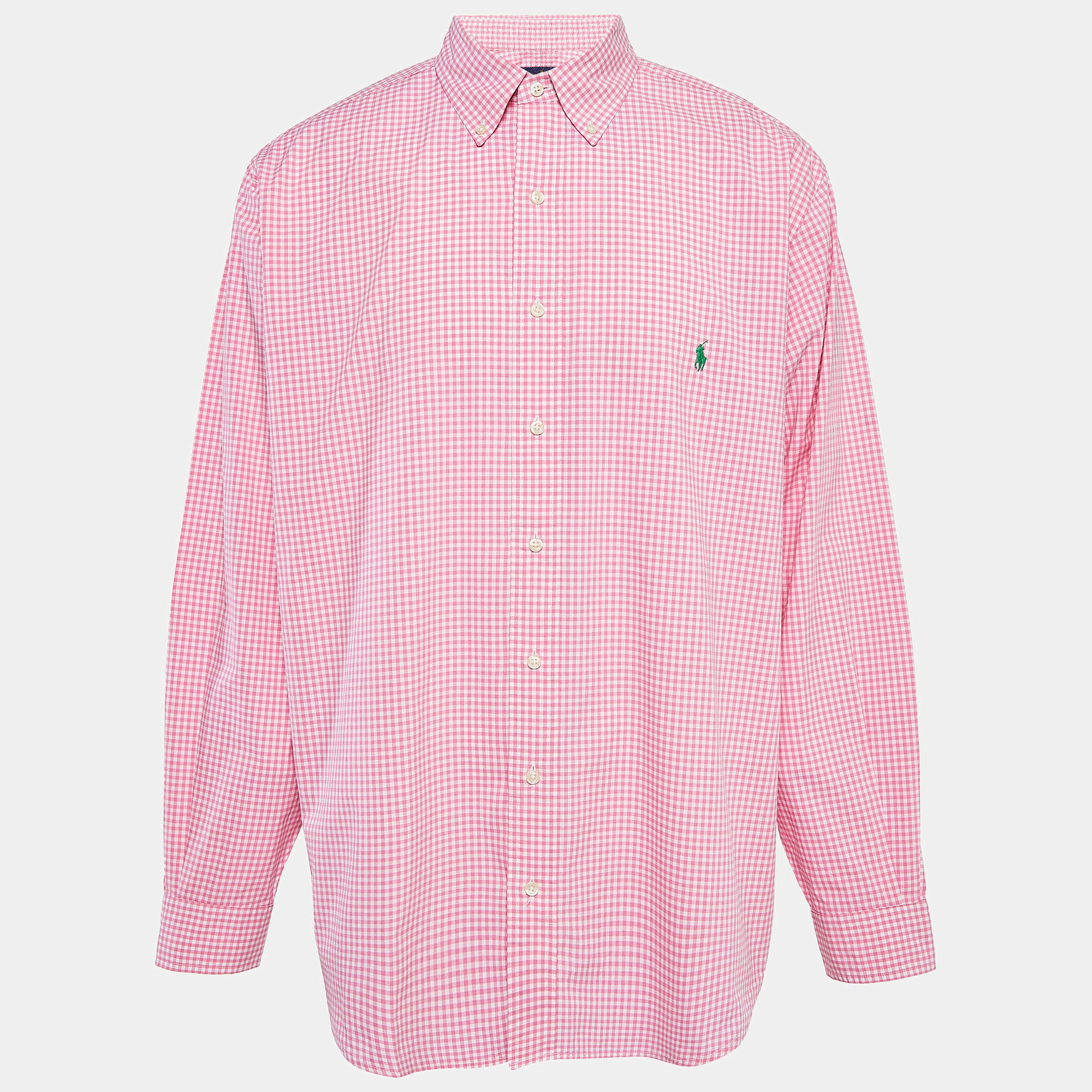 Pre Owned Ralph Lauren Pink Logo Embroidered Gingham Cotton Buttoned Down Shirt XL