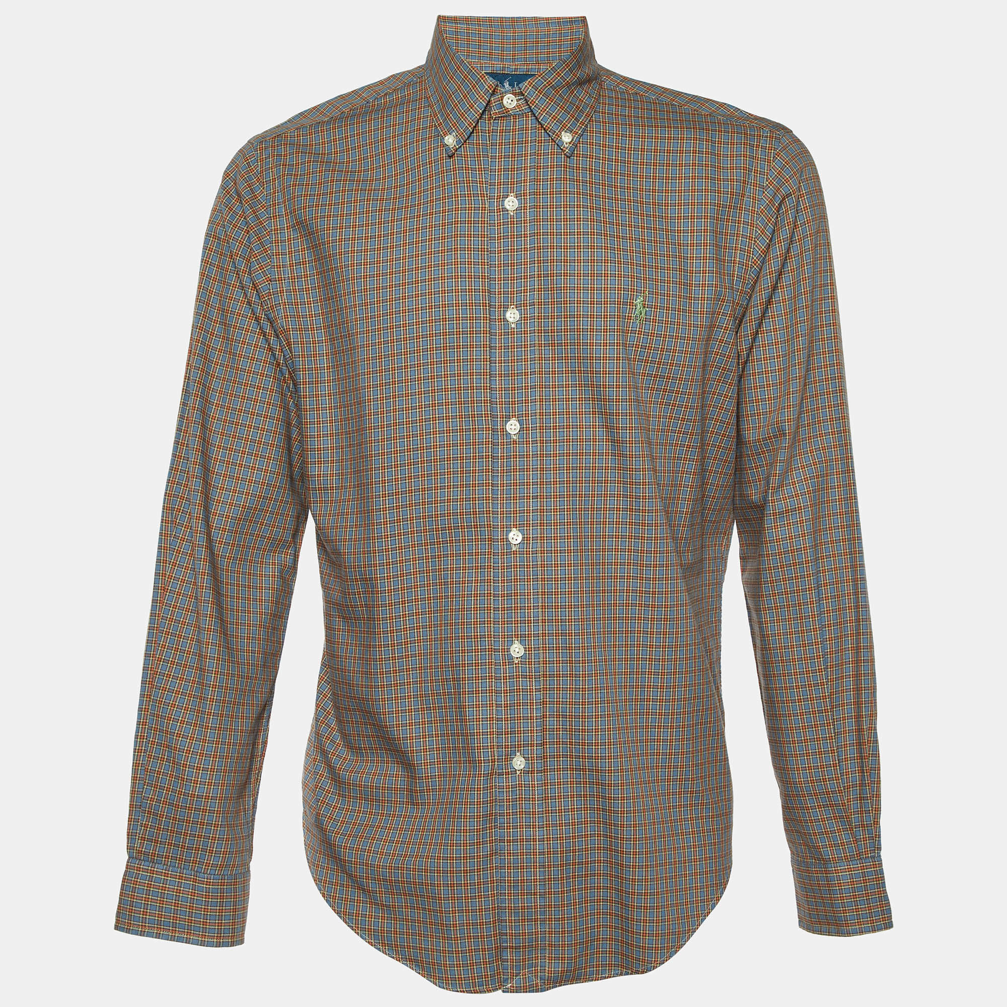 Ralph Lauren Blue/Orange Checked Cotton Button Down Shirt M