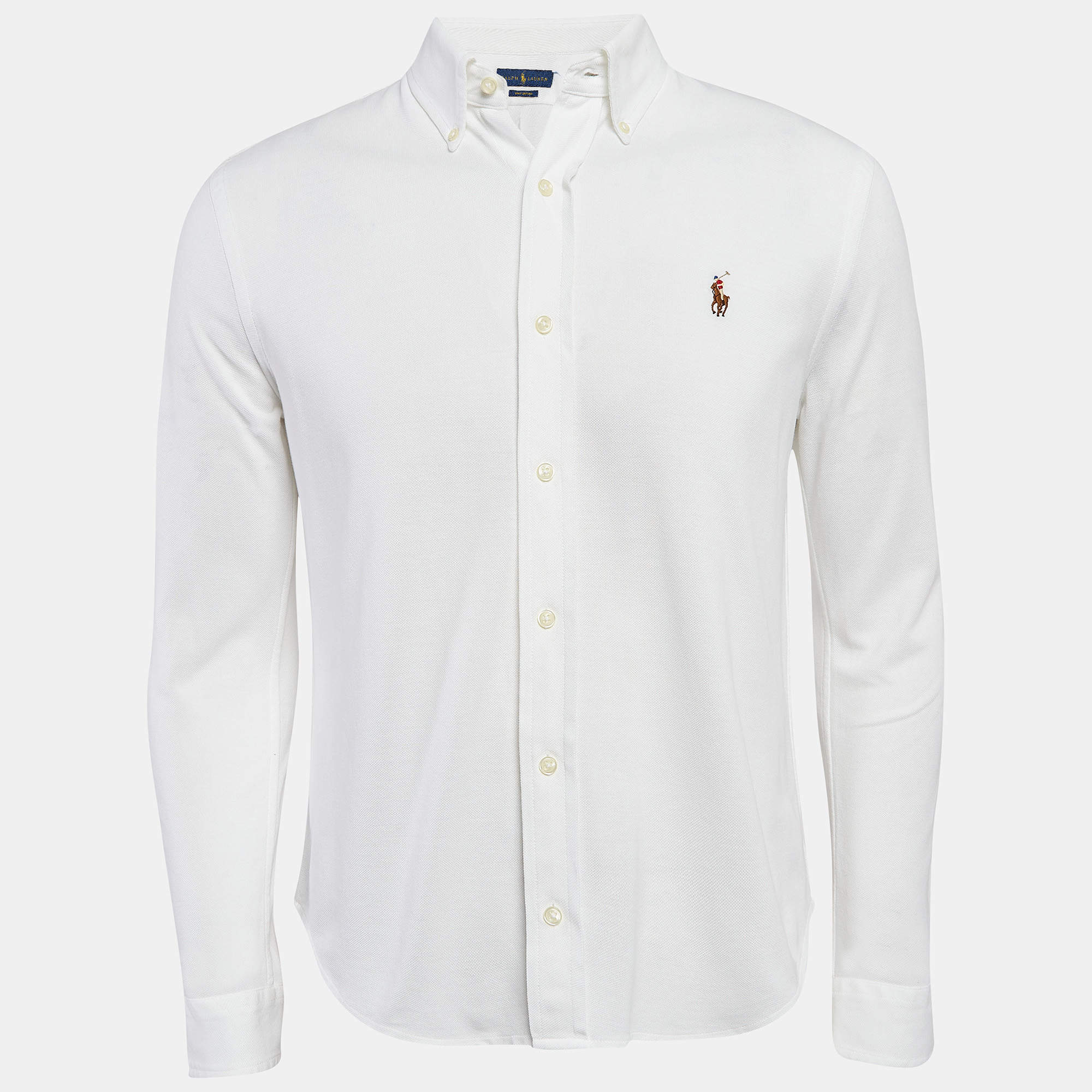 Pre Owned Ralph Lauren White Cotton Pique Knit Button Front Shirt L