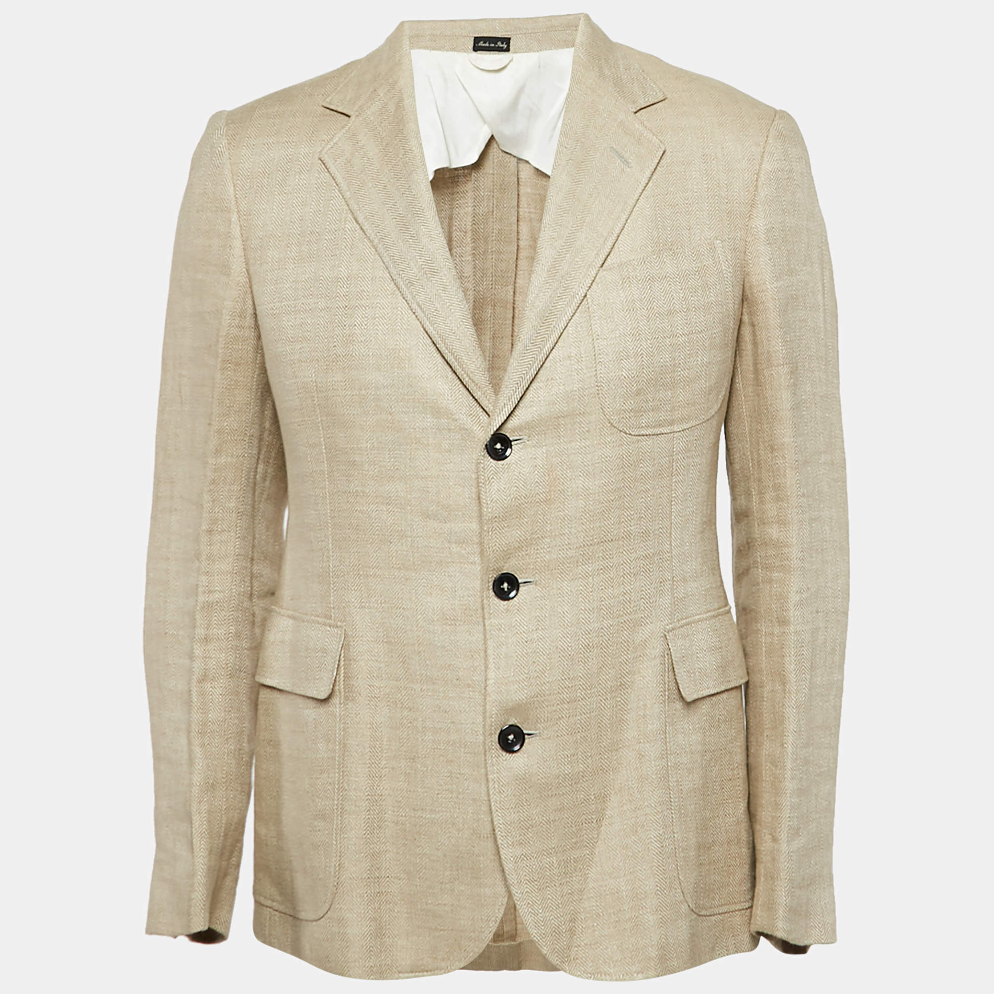 Pre Owned Ralph Lauren Double RL Beige Herringbone Linen Regular Blazer L