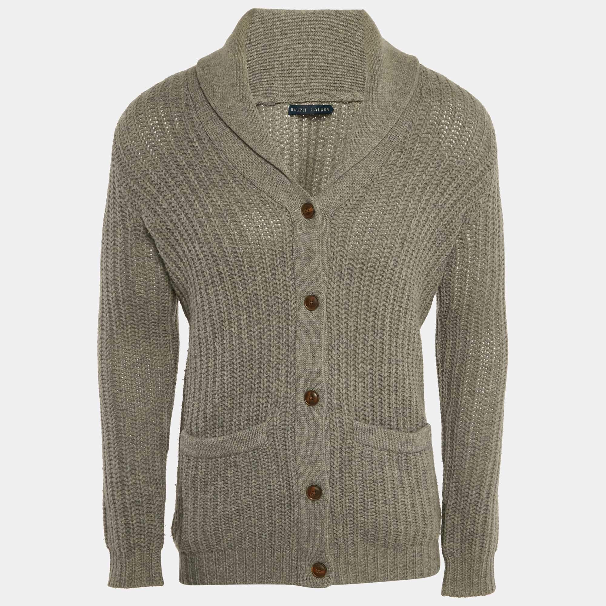 Pre Owned Ralph Lauren Grey Wool Blend Knit Buttoned Cardigan M