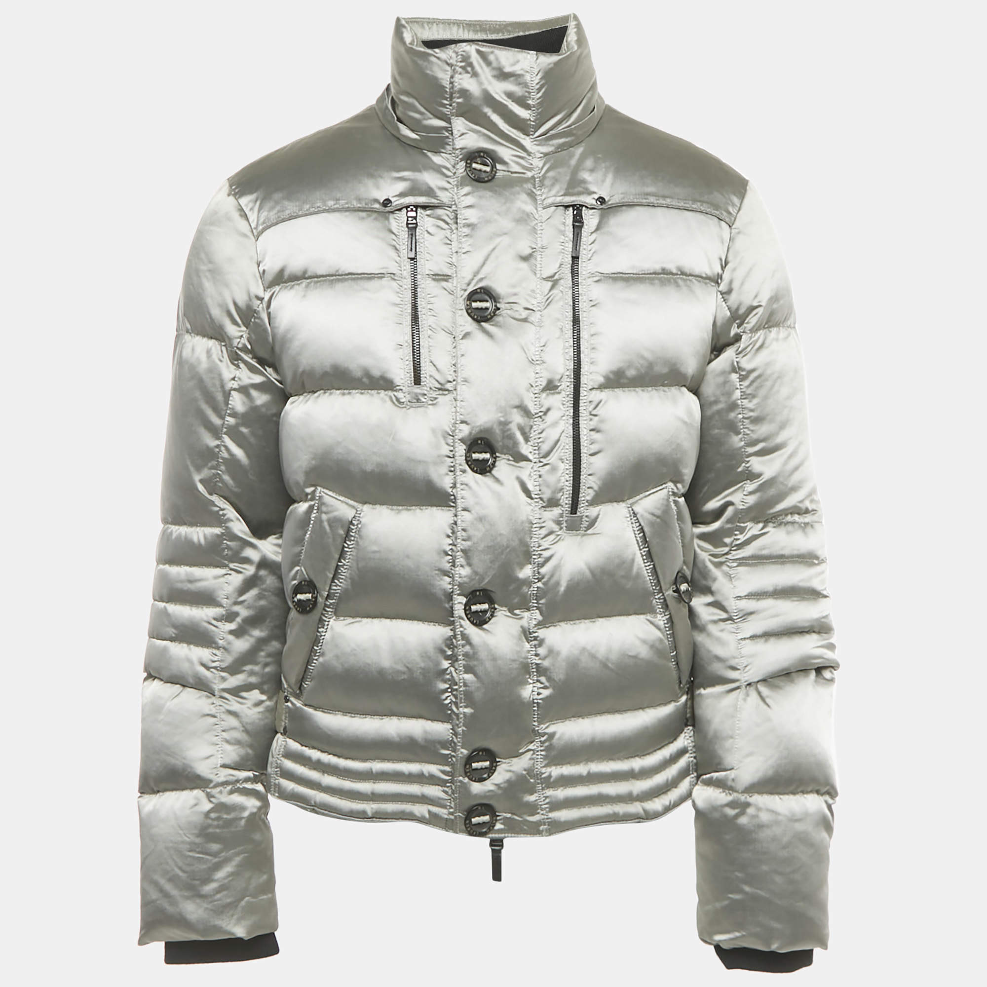 Pre Owned Ralph Lauren Black Label Silver Satin Quilted Down Jacket L
