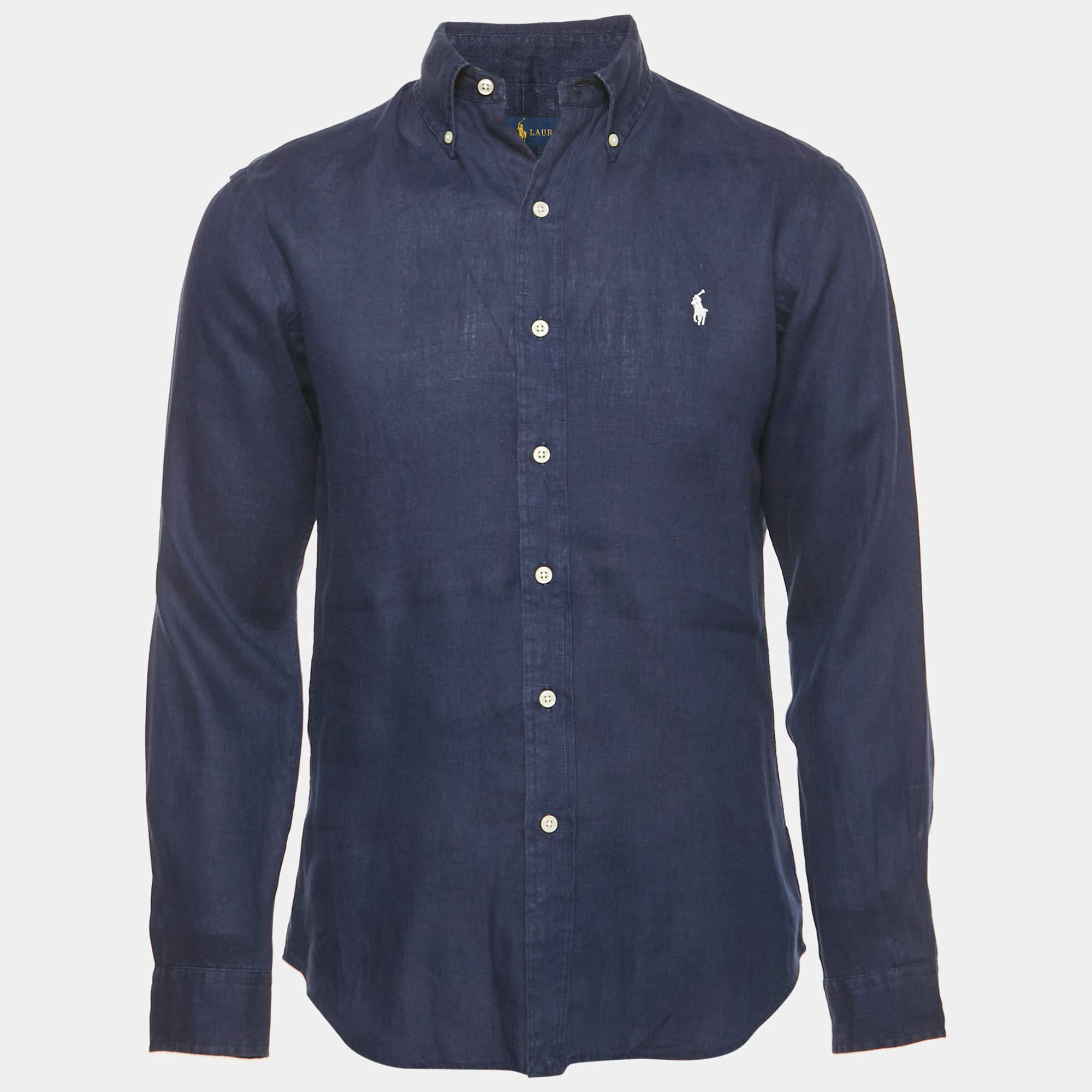 Pre Owned Ralph Lauren Navy Blue Logo Embroidery Linen Button Down Shirt S