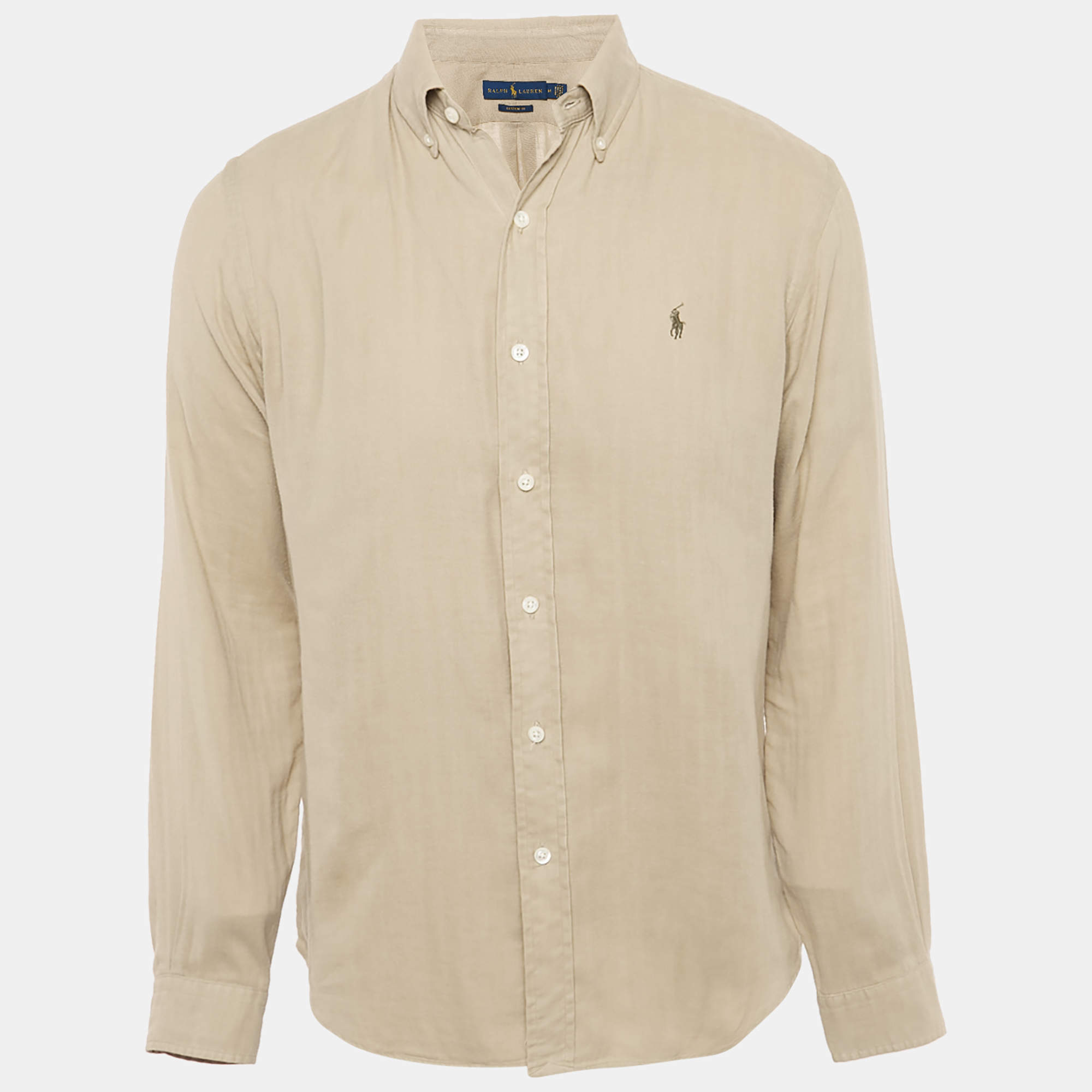 Pre Owned Ralph Lauren Camel Brown Logo Embroidered Cotton Custom Fit Shirt M